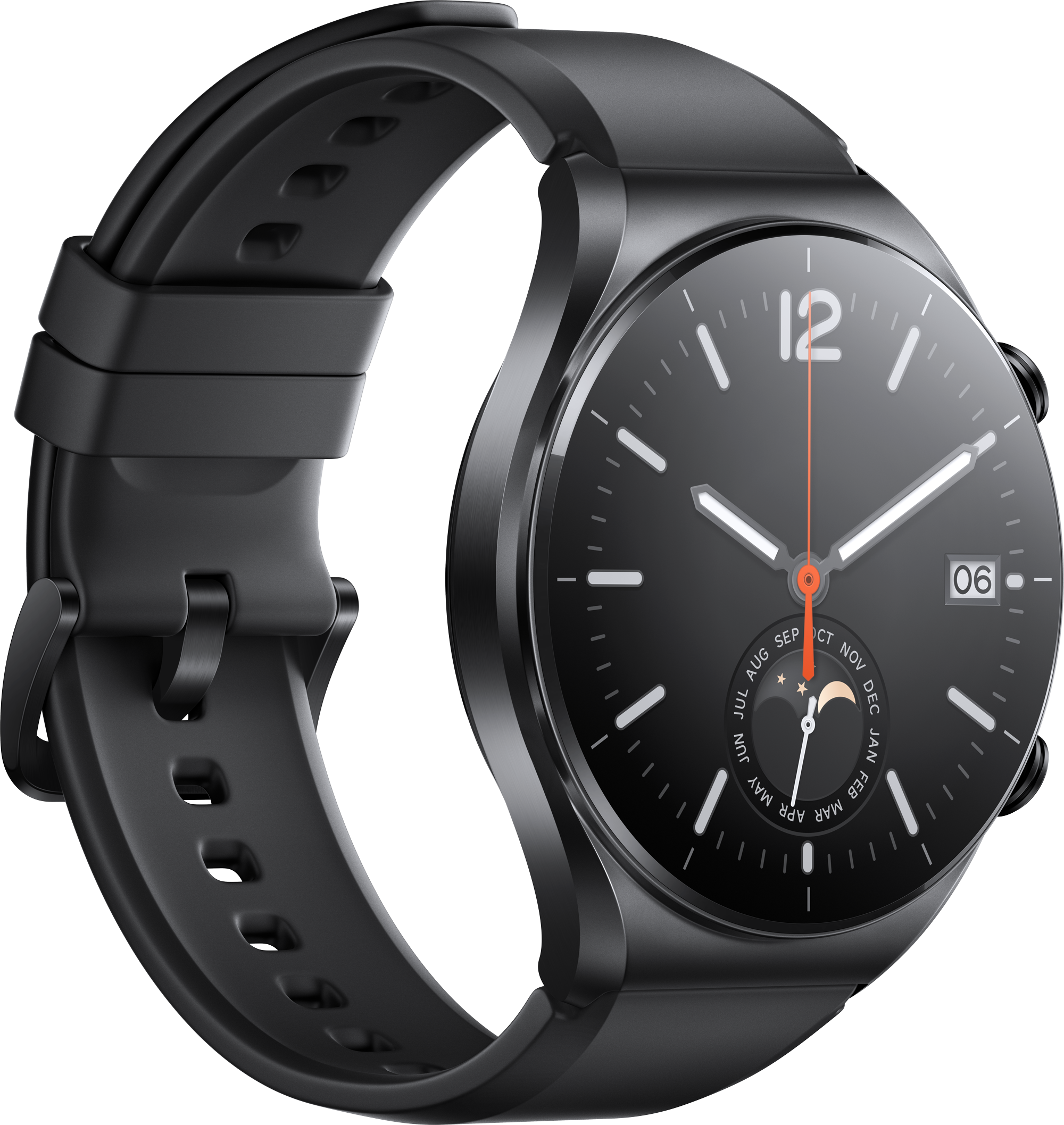 Schwarze Smartwatch mit rundem Zifferblatt, zeigt Uhrzeit, und schwarzes Armband.