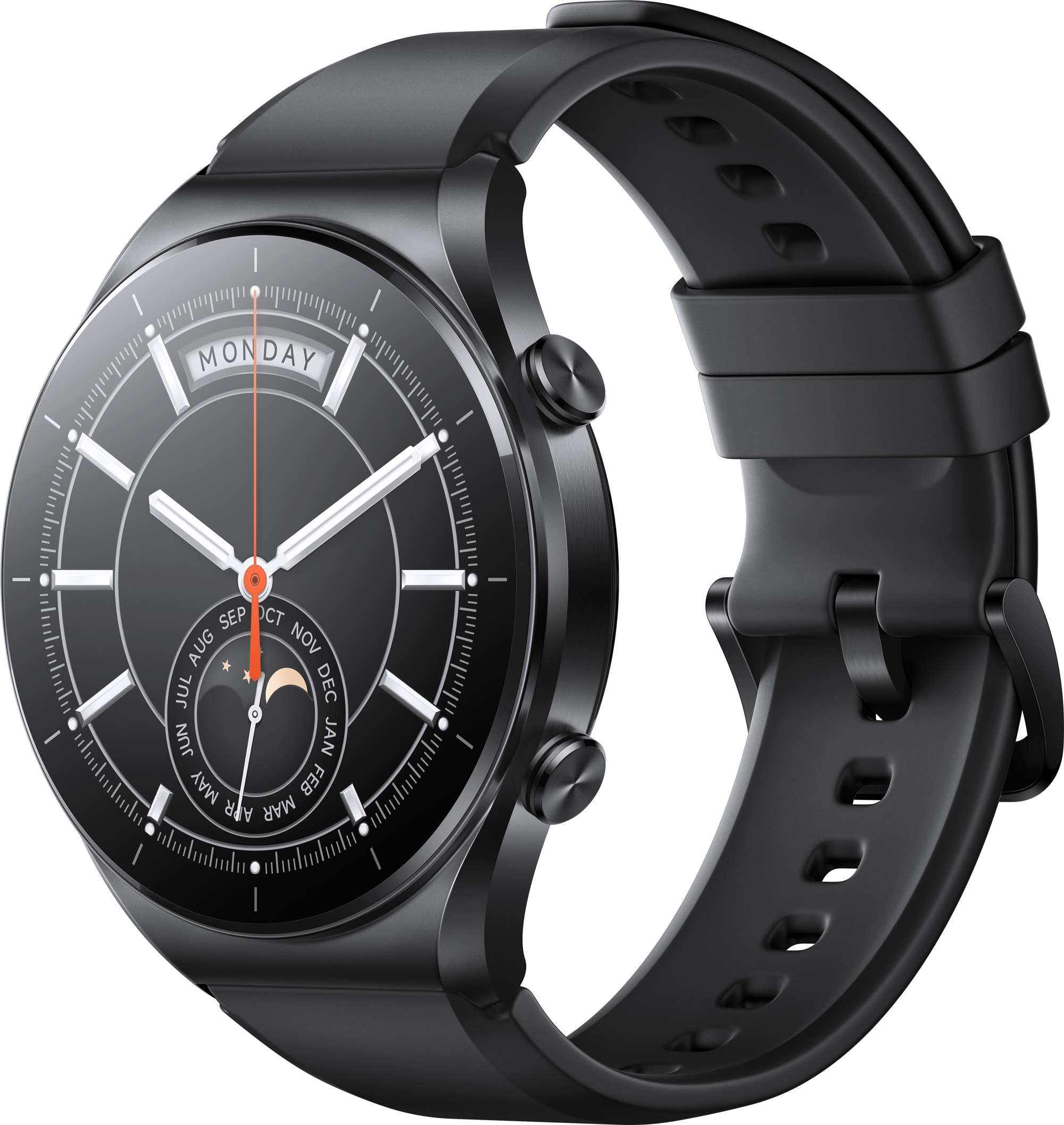 Schwarze Smartwatch mit rundem Zifferblatt und schwarzem Armband. Die Uhr zeigt Tag, Datum und Uhrzeit.