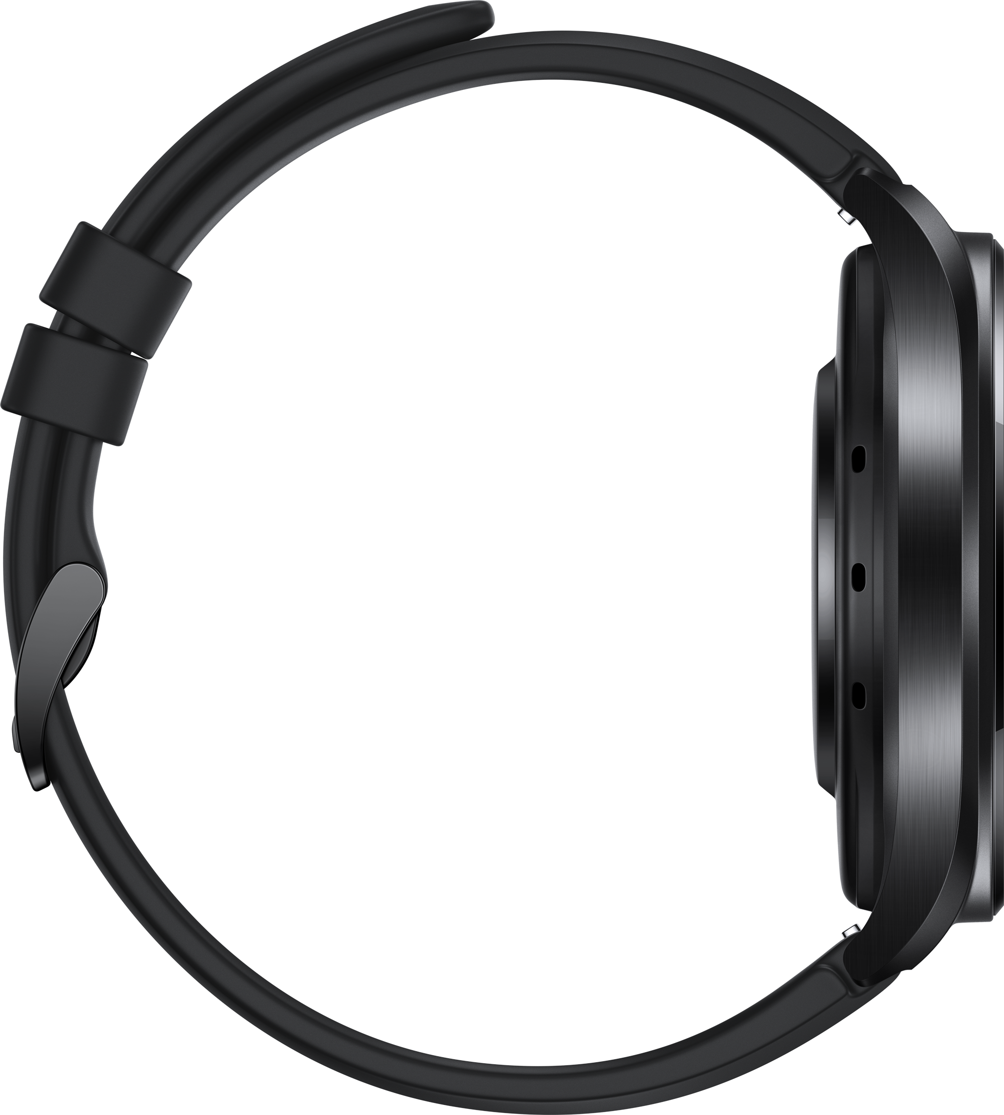 Seitenansicht einer schwarzen Smartwatch mit schwarzem Armband.