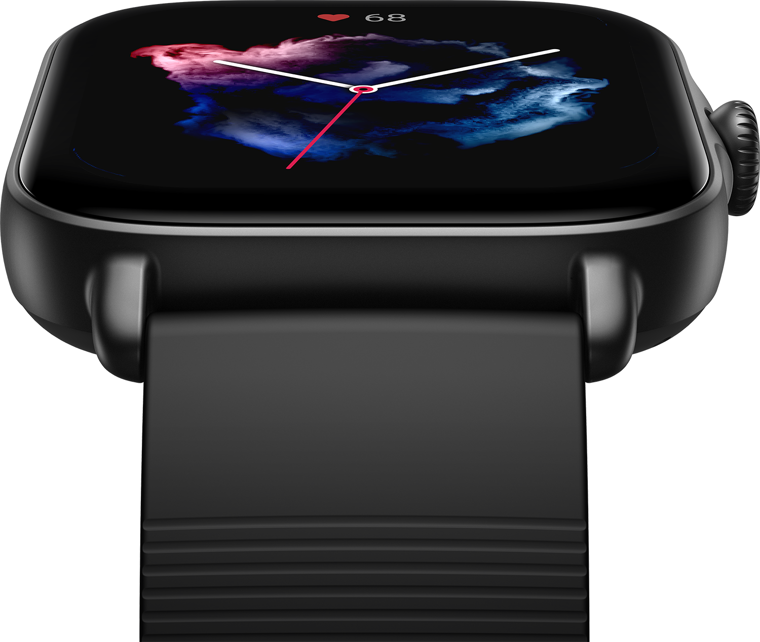 Smartwatch negra que muestra imagen colorida, frecuencia cardíaca y correa negra.