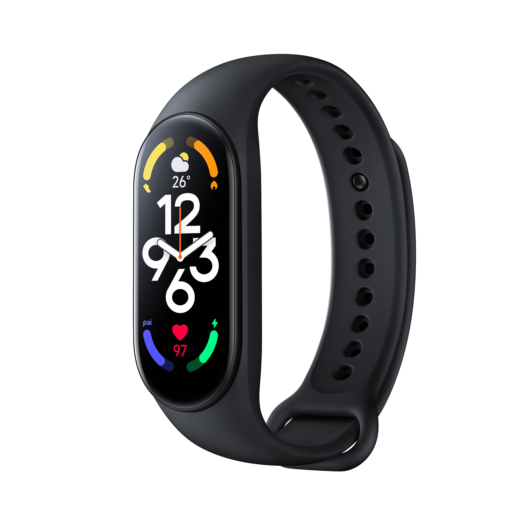 Czarna opaska smart, wyświetlająca czas, tętno i inne wskaźniki zdrowia.