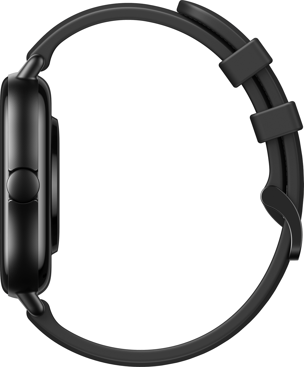 Widok z boku czarnego smartwatcha, czarny pasek, okrągła tarcza, przycisk z boku.