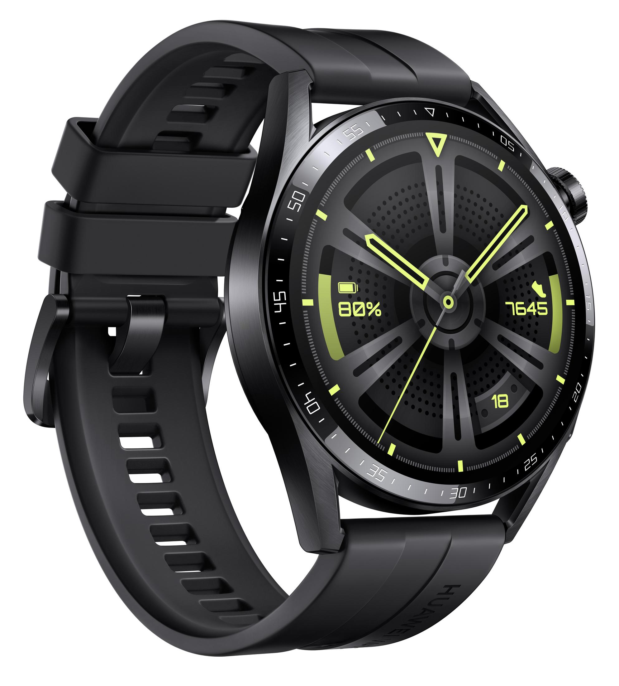 Eine schwarze Smartwatch mit schwarzem Armband, die 80% Akku und Zeit anzeigt.