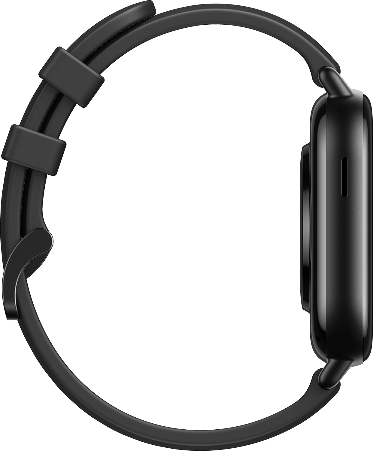 Czarny smartwatch z czarnym paskiem, widok z boku, na czarnym tle.