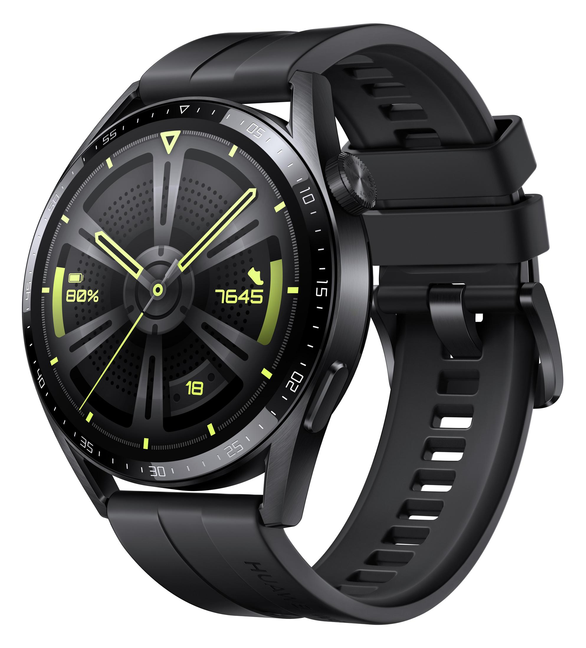 Schwarze Smartwatch mit rundem Zifferblatt, das Zeit und Fitnessdaten anzeigt.