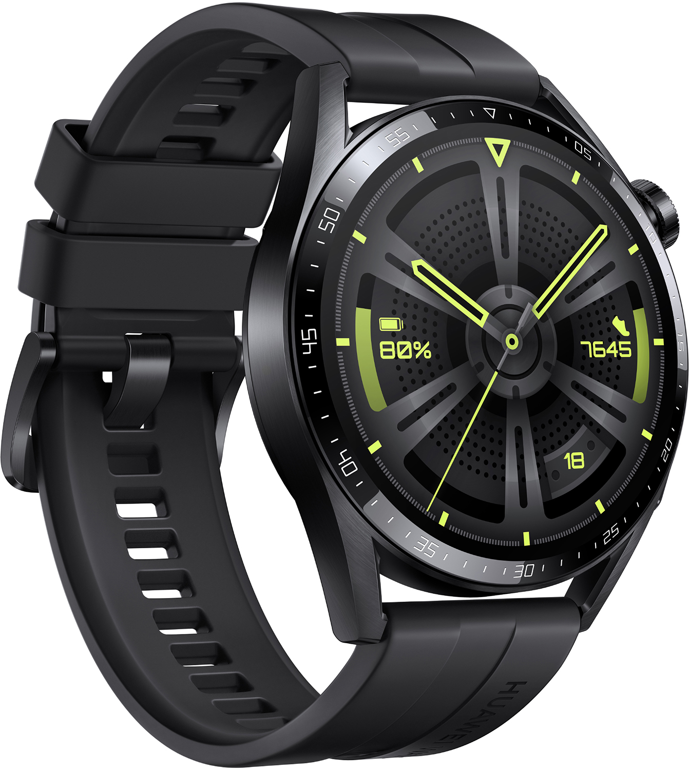Schwarze Smartwatch mit rundem Zifferblatt, das Zeit, Statistiken und ein schwarzes Armband anzeigt. Weißer Hintergrund.