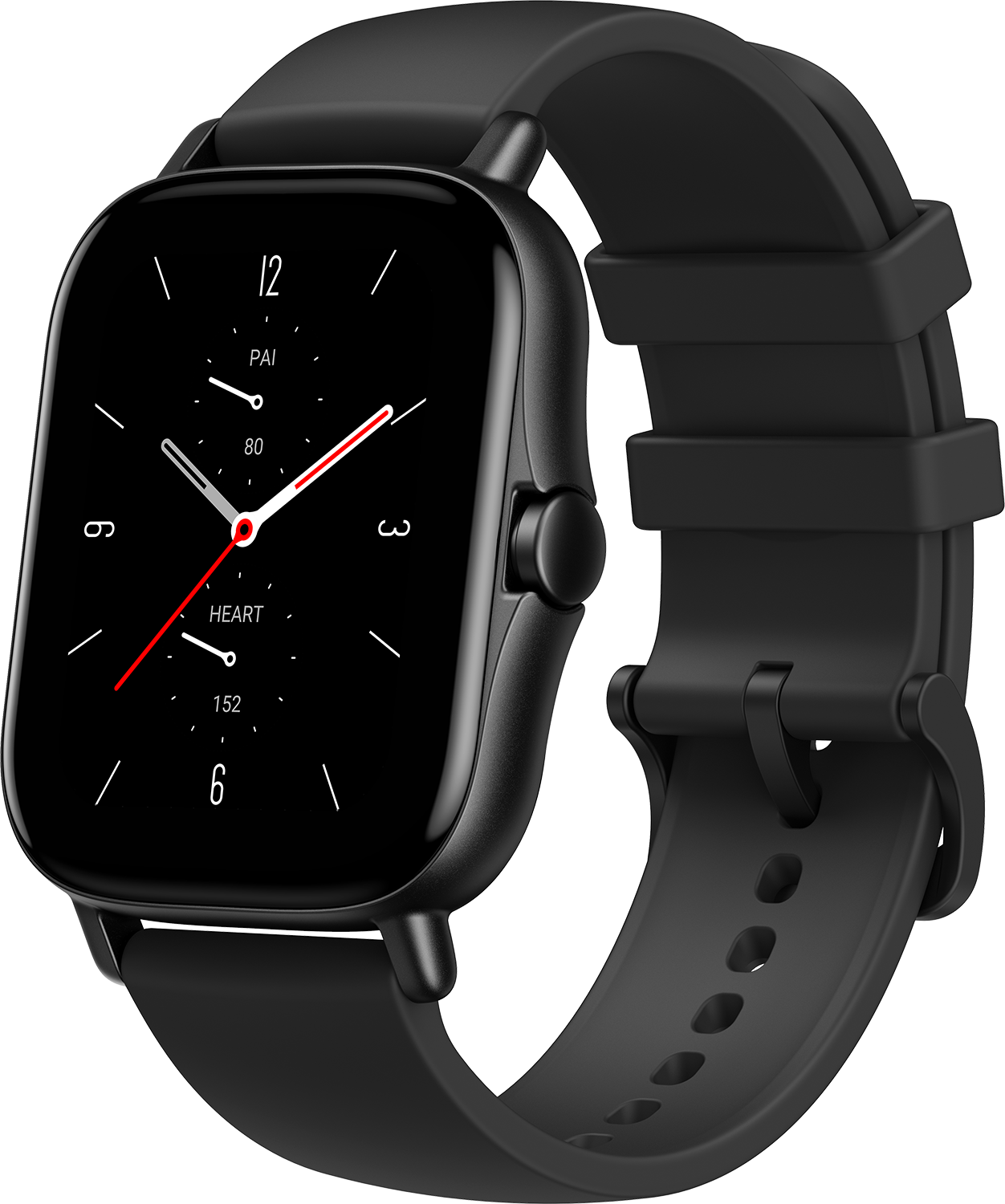 Czarny smartwatch z czarnym paskiem, wyświetlający czas i tętno.