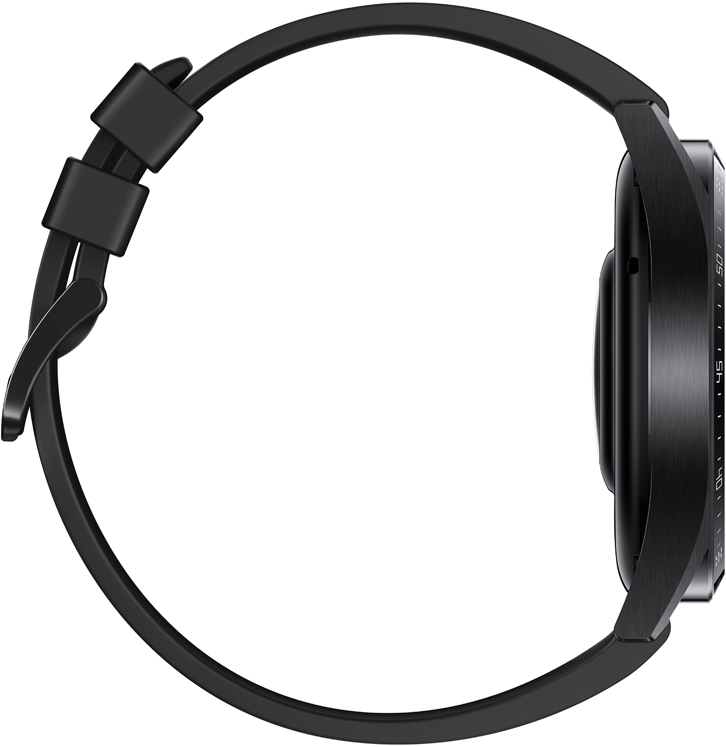 Eine schwarze Smartwatch mit schwarzem Armband, Seitenansicht. Das Armband ist geschlossen.