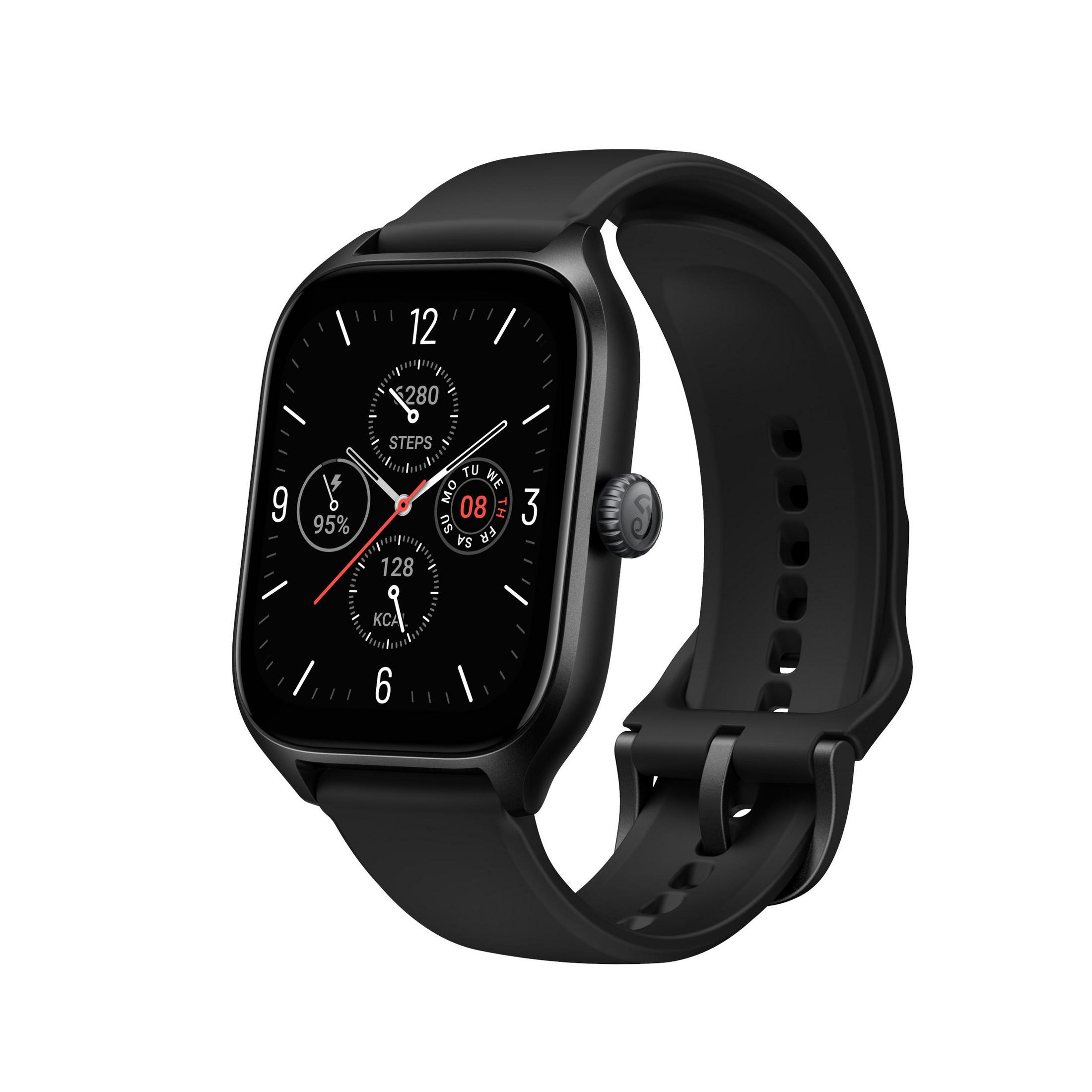 Smartwatch nero con display rettangolare che mostra le metriche. Un cinturino nero e un pulsante rosso sono visibili.