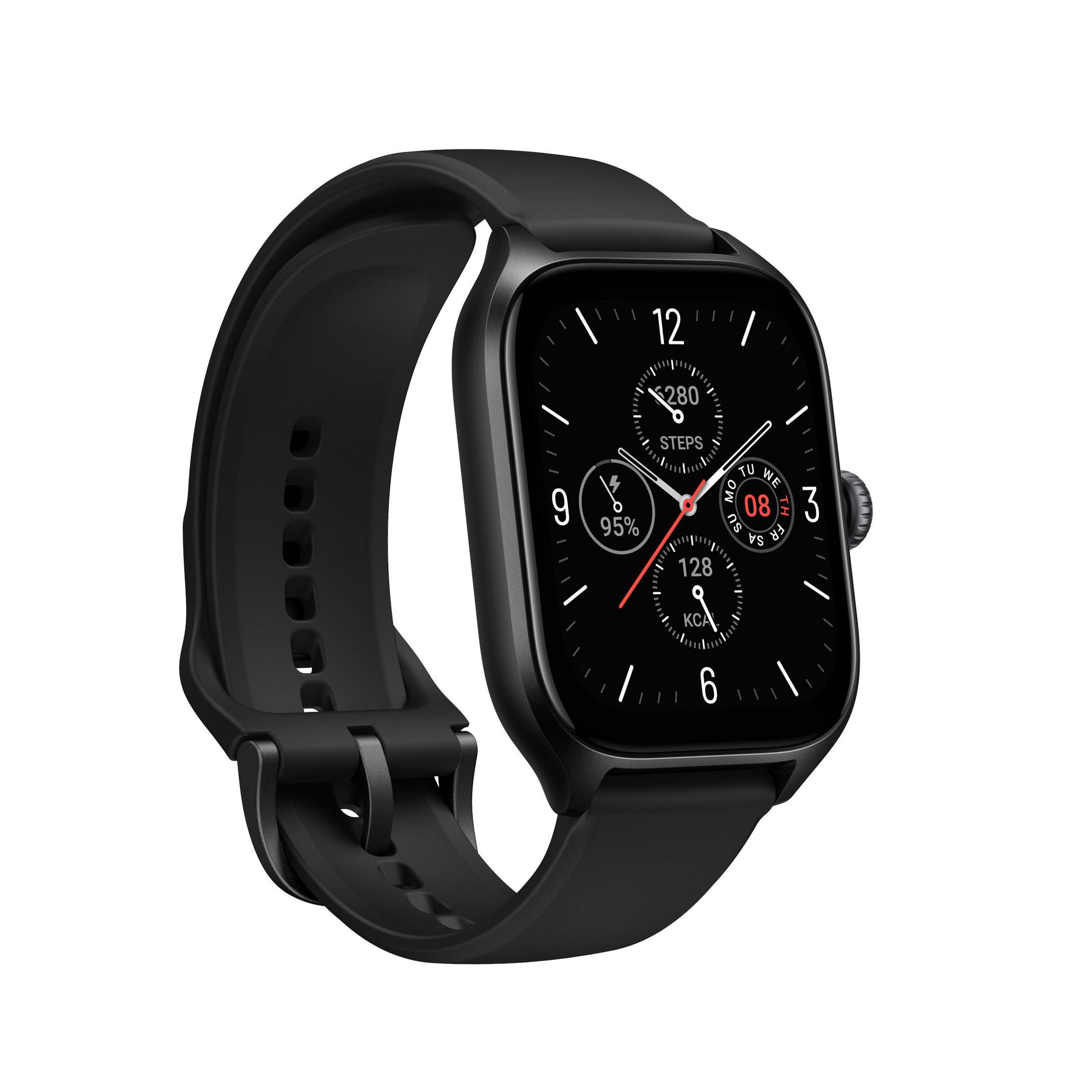 Uno smartwatch nero con cinturino nero, che mostra l'ora e le metriche di salute.