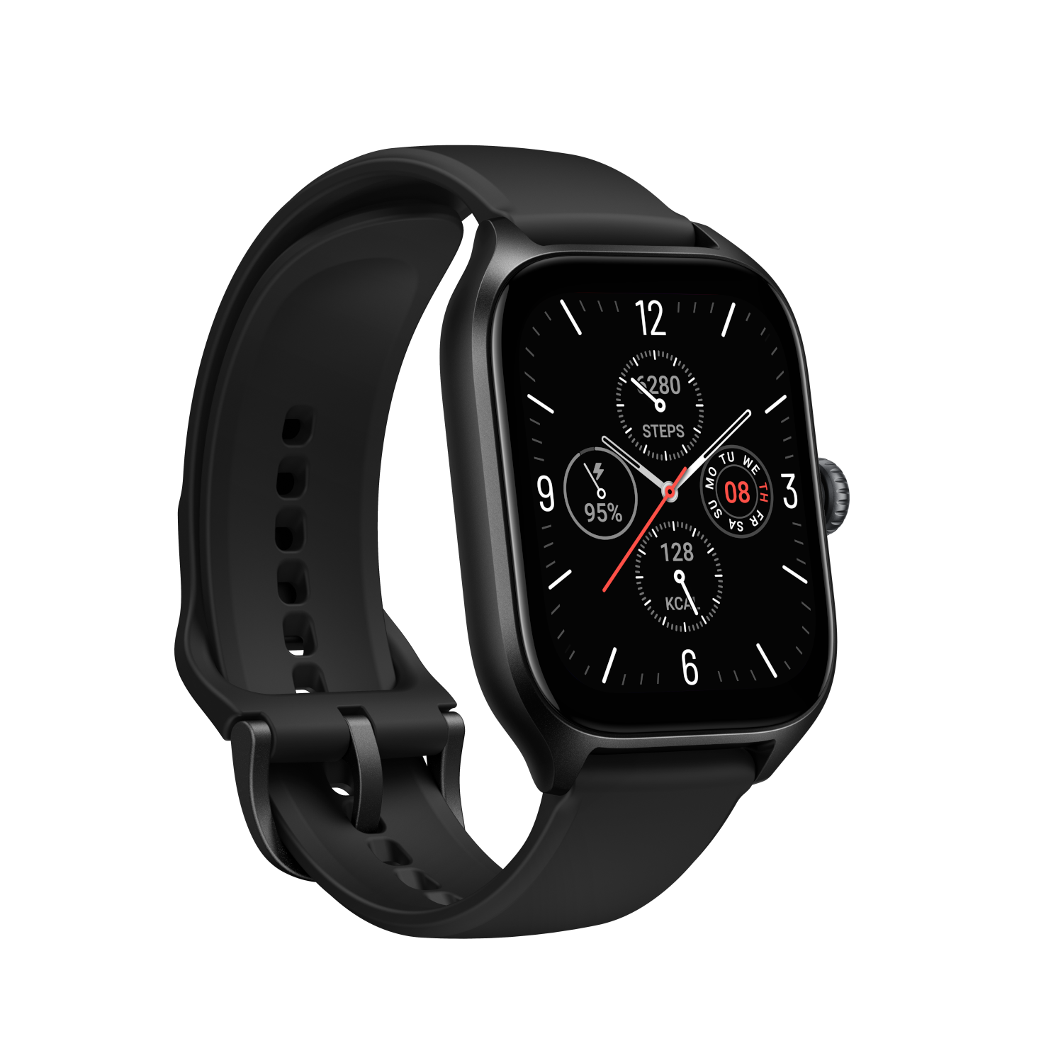 Smartwatch nero che mostra l'ora e le metriche di fitness, con cinturino nero su sfondo scuro.