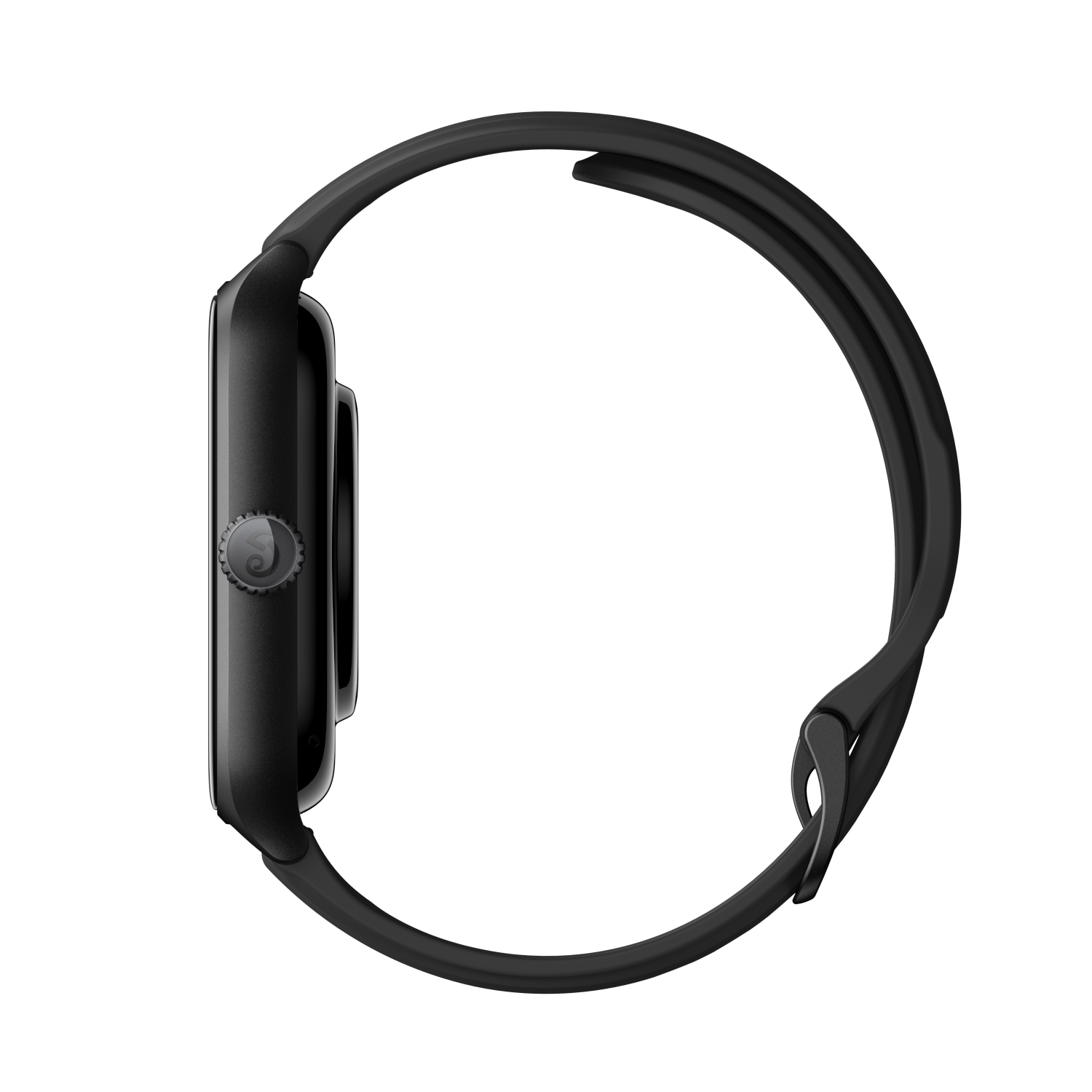 Uno smartwatch nero con cinturino nero. L'orologio è visto di lato.