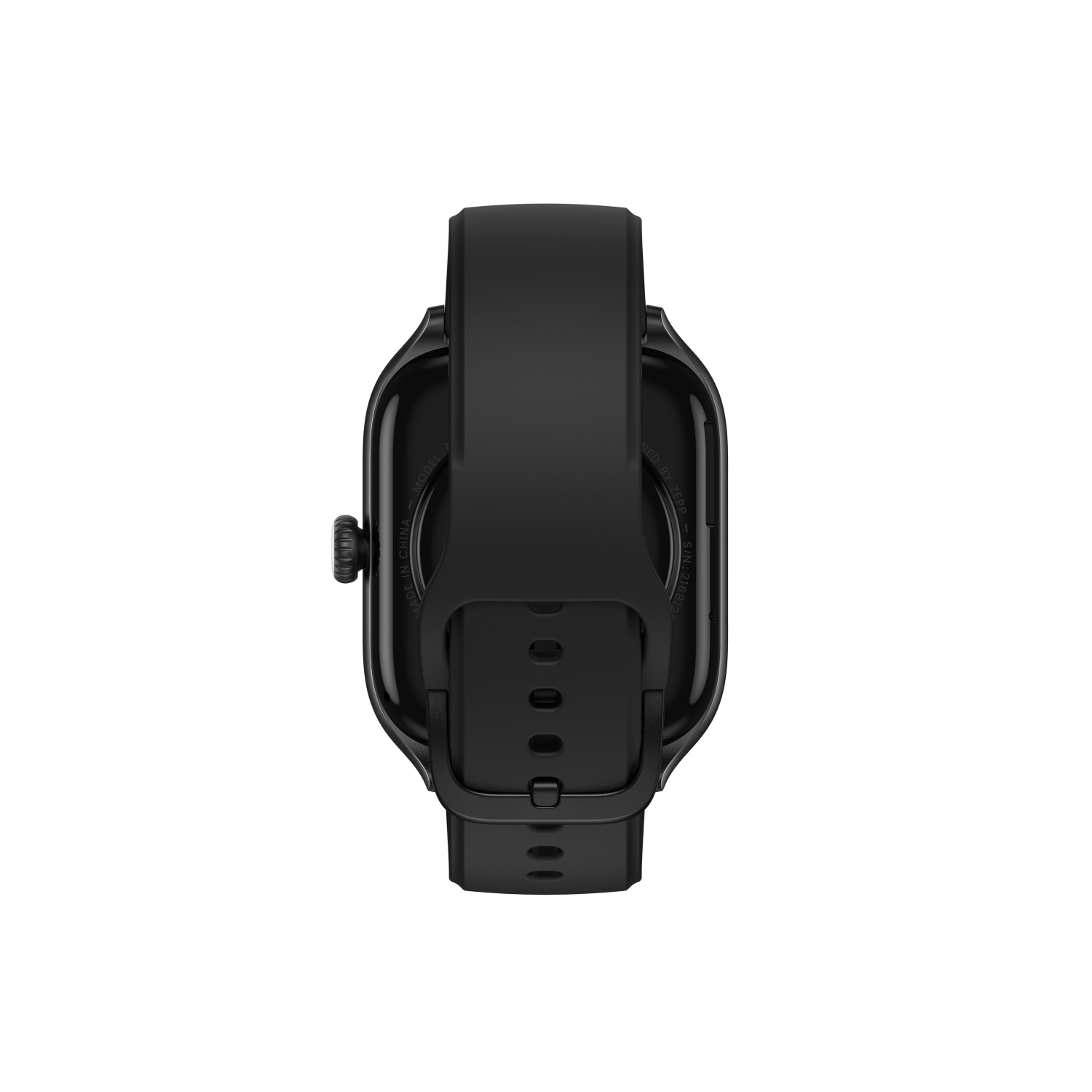 Smartwatch nera, quadrante quadrato curvo, cinturino nero. Sfondo nero.