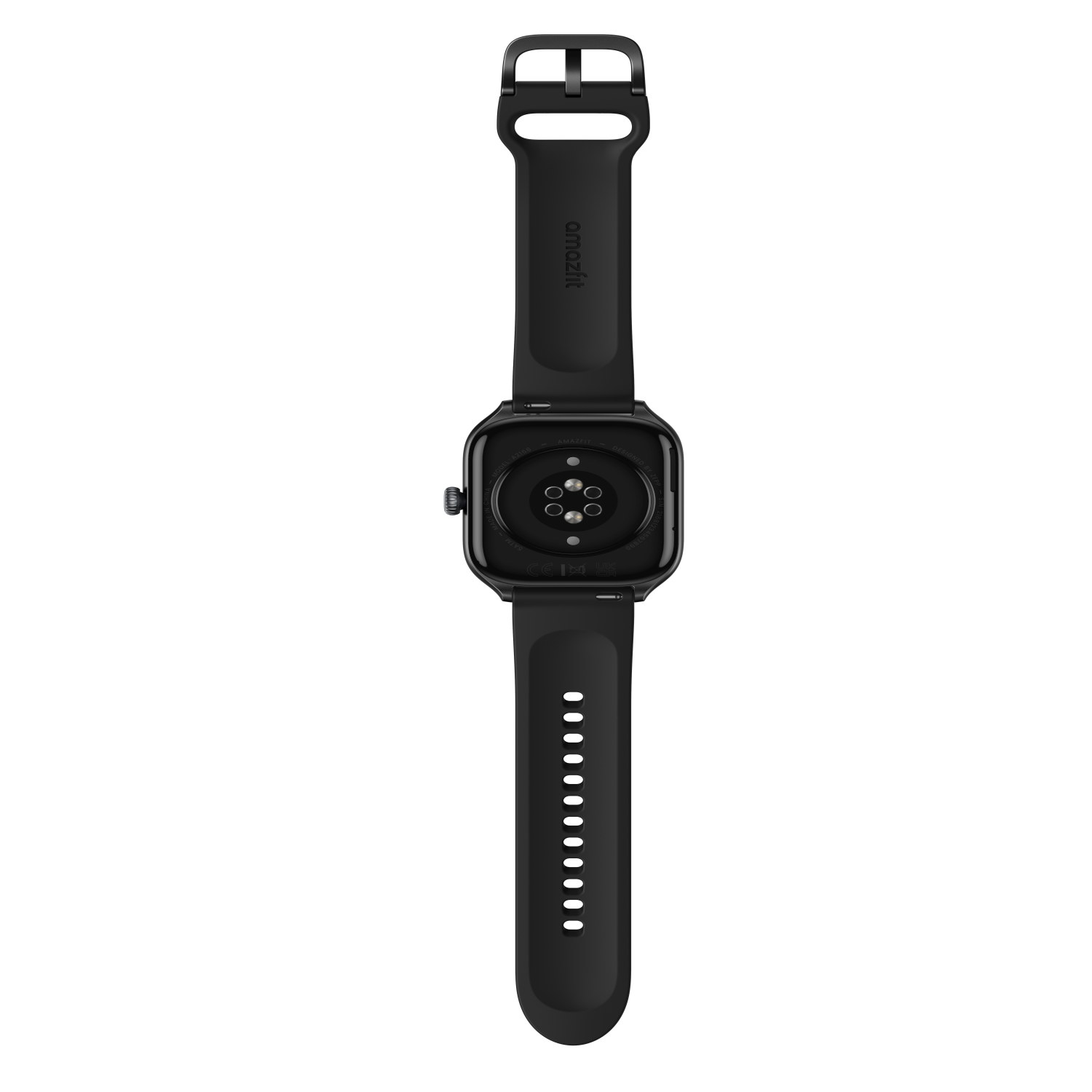 Il retro di uno smartwatch Amazfit nero con cinturino nero. L'orologio mostra il sensore di frequenza cardiaca.