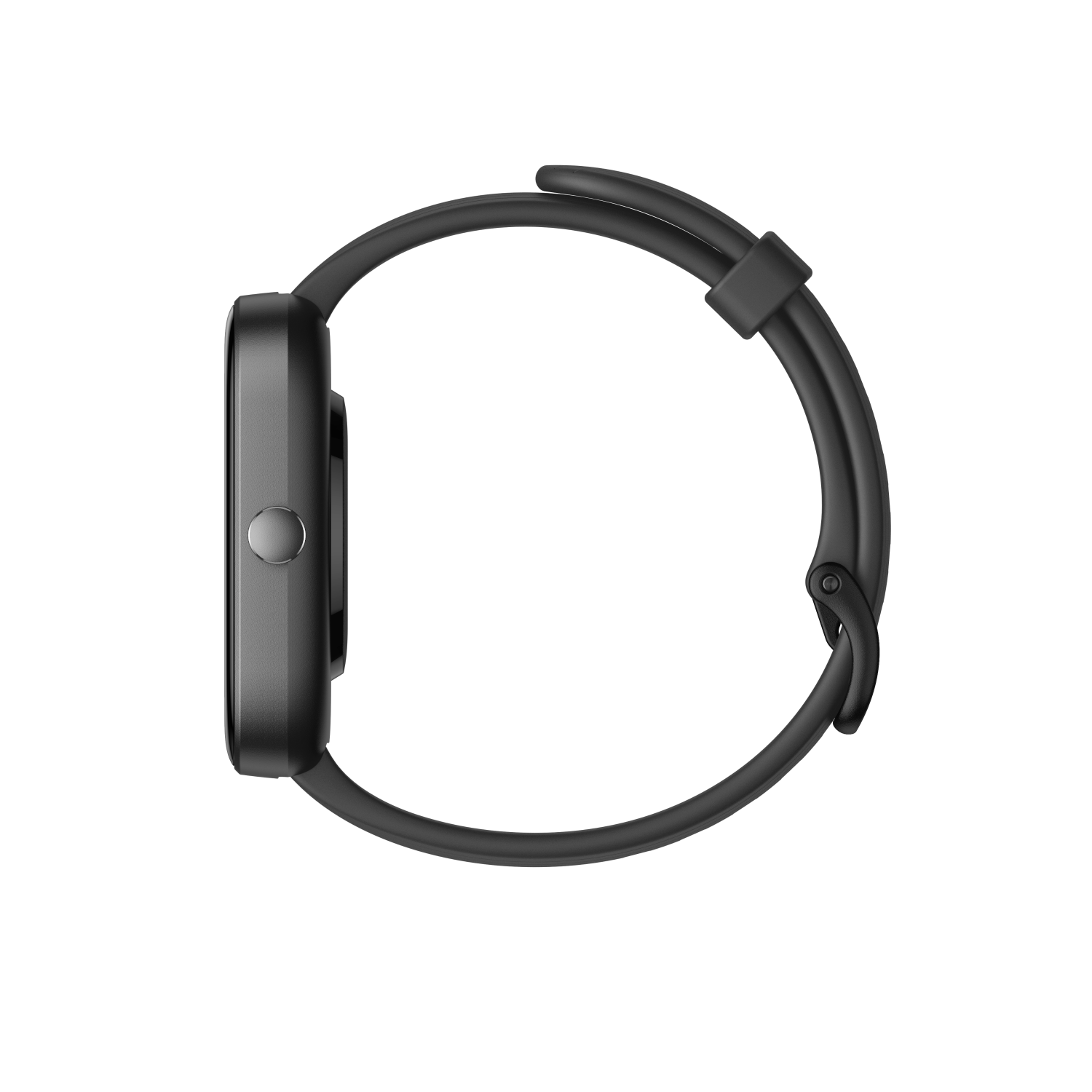 Czarny smartwatch, widok z boku, z czarnym paskiem na czarnym tle.
