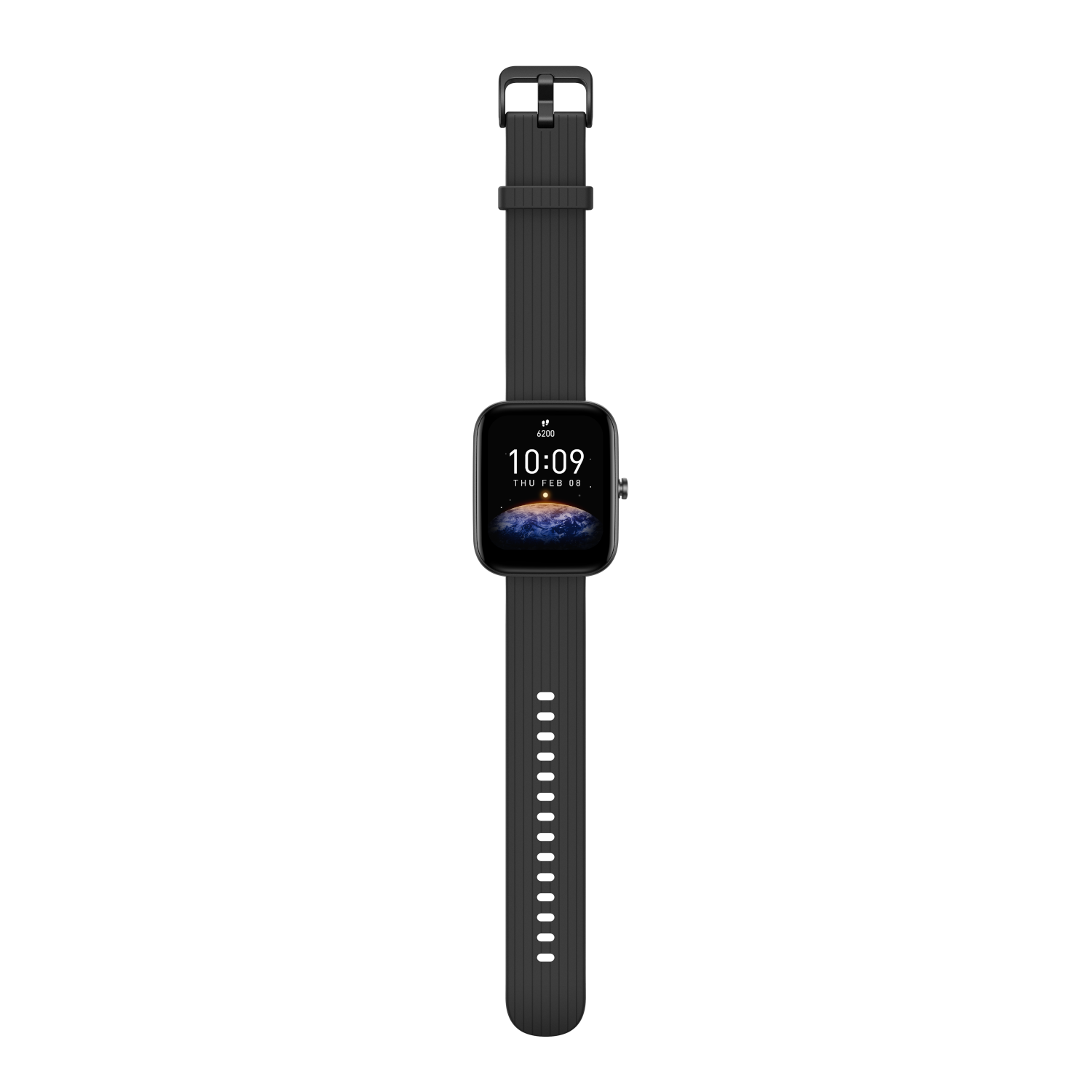 Czarny smartwatch wyświetlający godzinę i datę na czarnym tle.
