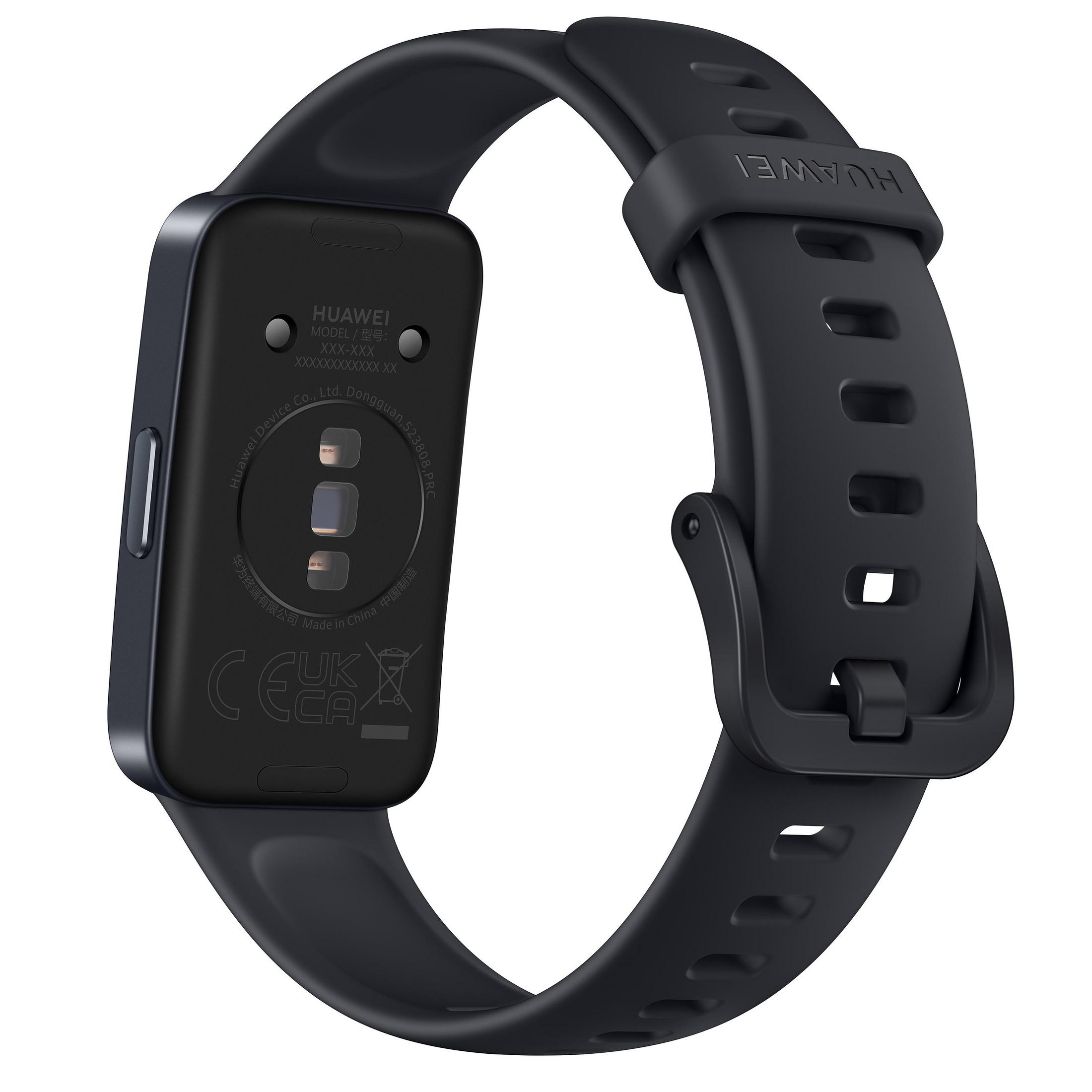 Schwarze Smartwatch mit sichtbarer Rückseite, Ladekontakte und Details zeigend.