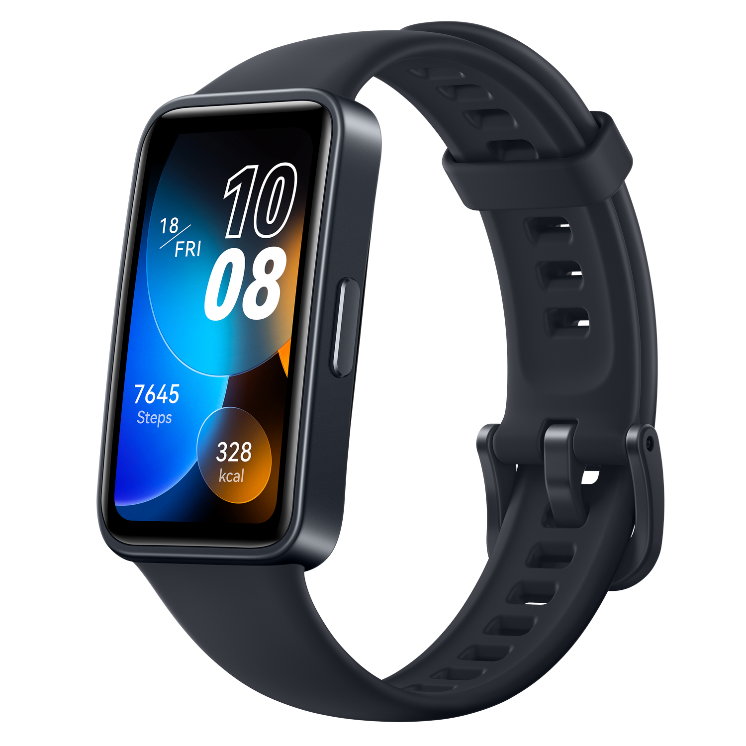 Schwarzer Fitnesstracker mit rechteckigem Bildschirm, der Daten und Zeit anzeigt.
