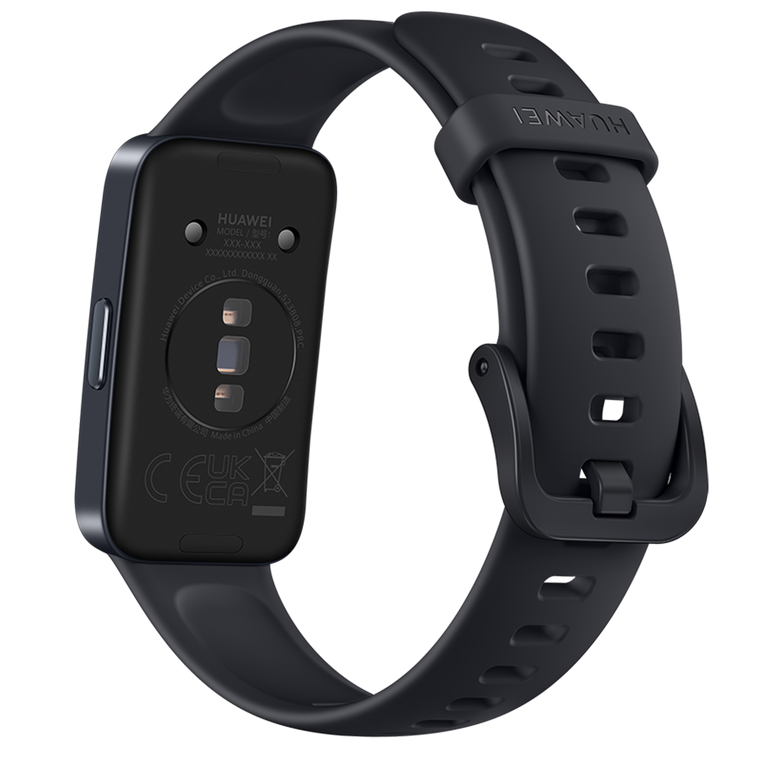 Rückseite einer dunkelblauen Smartwatch mit schwarzem Armband. Zeigt Modell und Zertifizierungen.