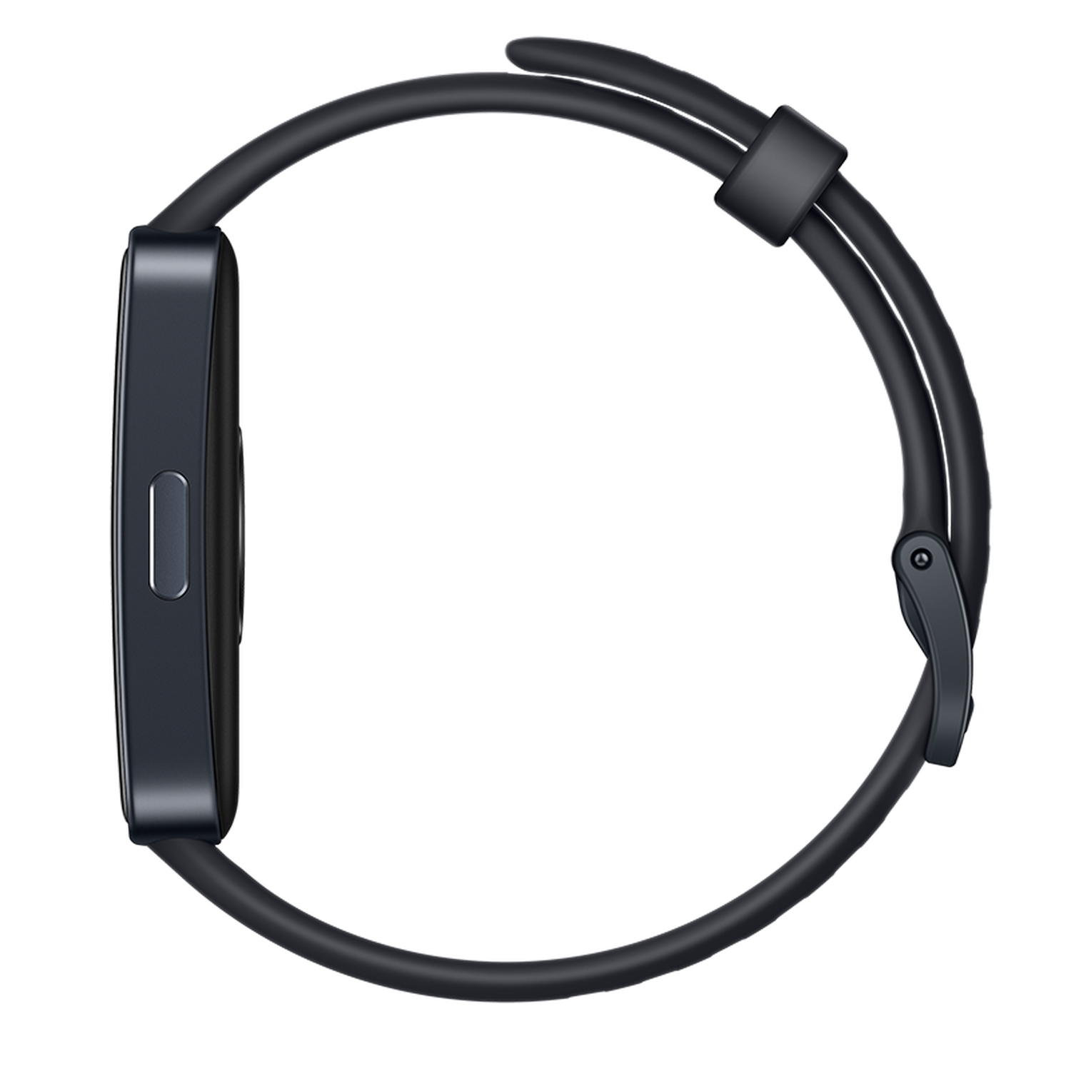 Seitenansicht einer dunklen Smartwatch mit schwarzem Armband.
