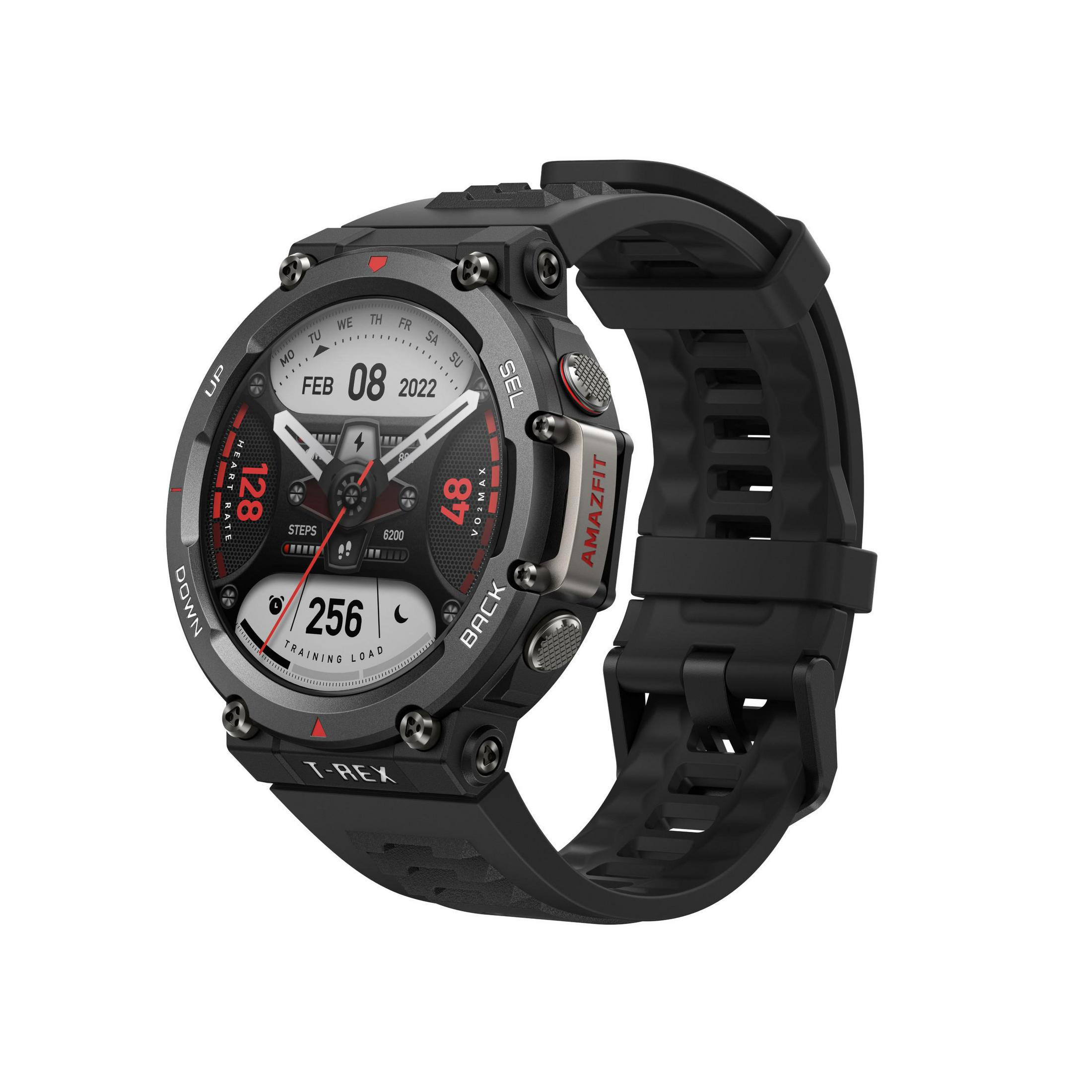 Eine schwarze Smartwatch mit rundem Display, schwarzem Armband und Knöpfen.