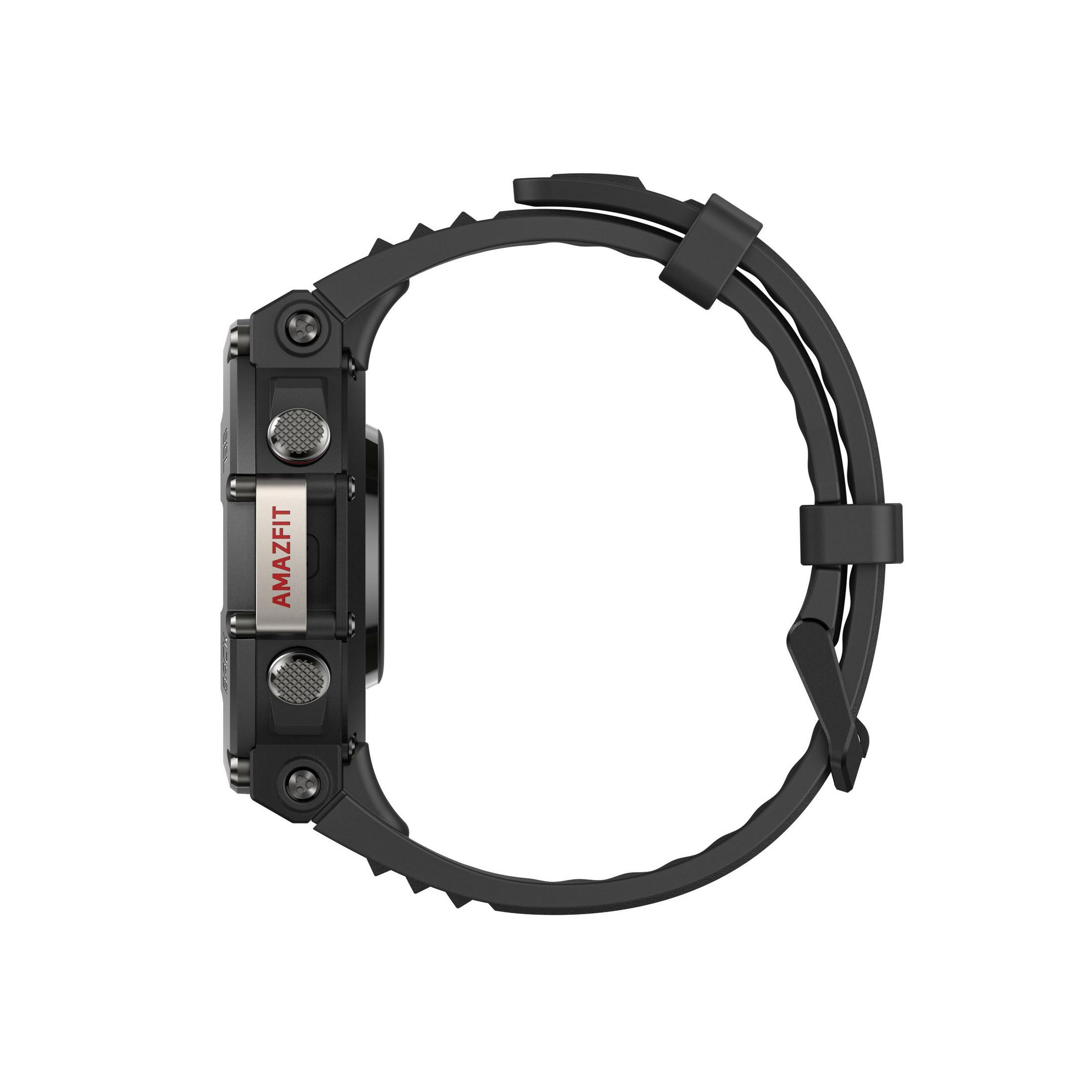 Eine schwarze Amazfit Smartwatch in Seitenansicht, die Bildschirm und Armband zeigt, auf weißem Hintergrund.
