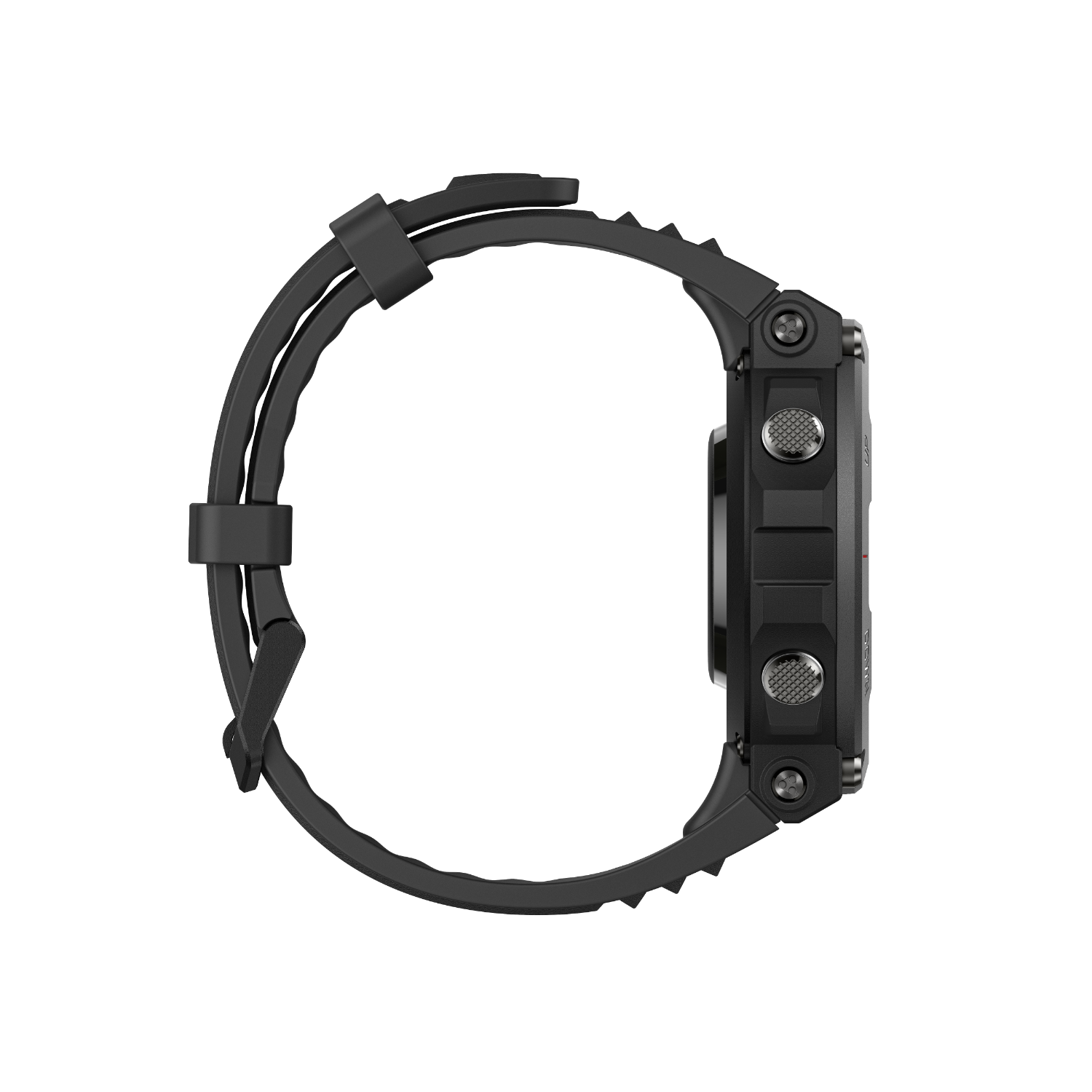 Schwarze Smartwatch, Seitenansicht, mit schwarzem Armband. Das Armband ist befestigt.