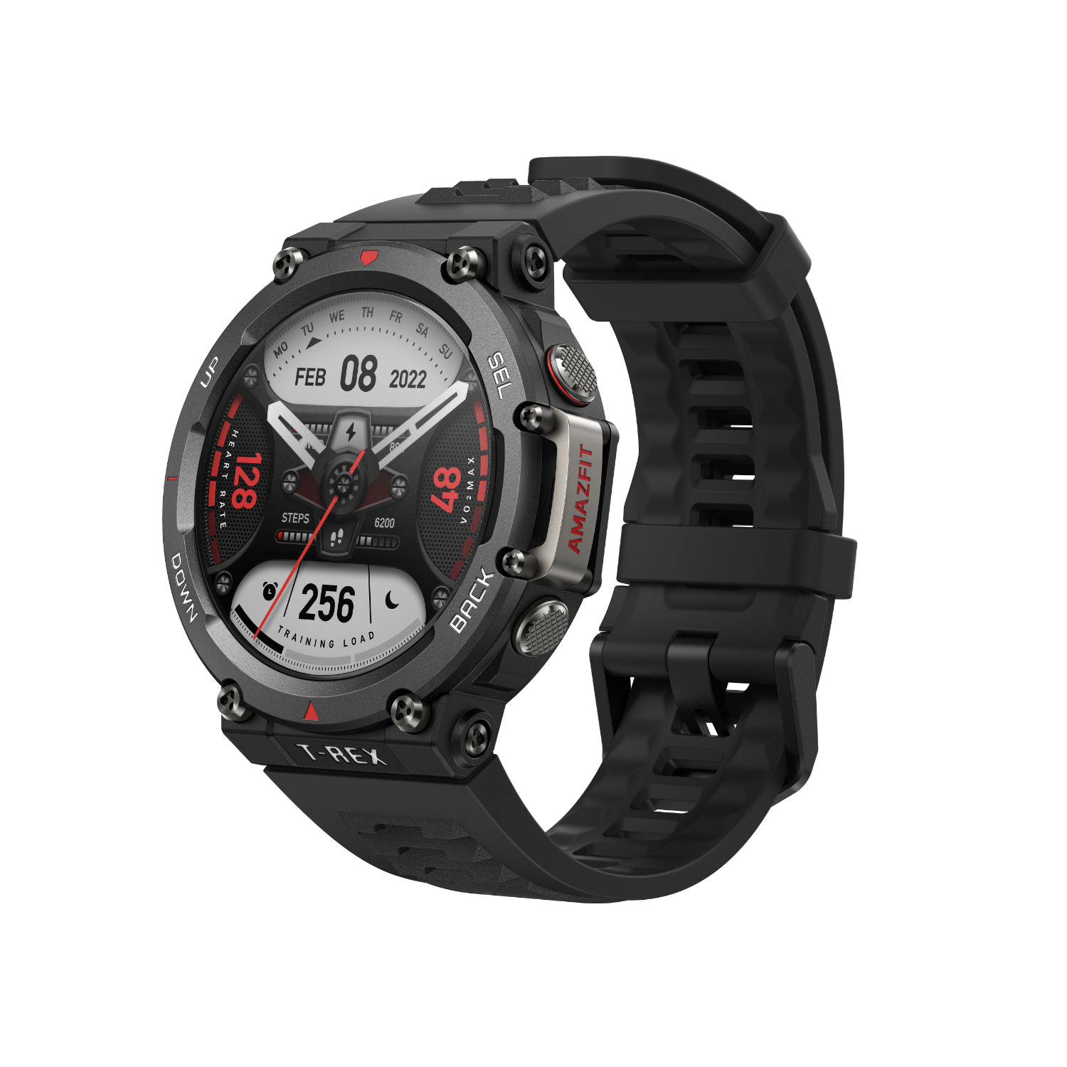 Eine schwarze Amazfit T-Rex Smartwatch mit rundem Zifferblatt. Zeigt Zeit, Schritte und Herzfrequenz an.