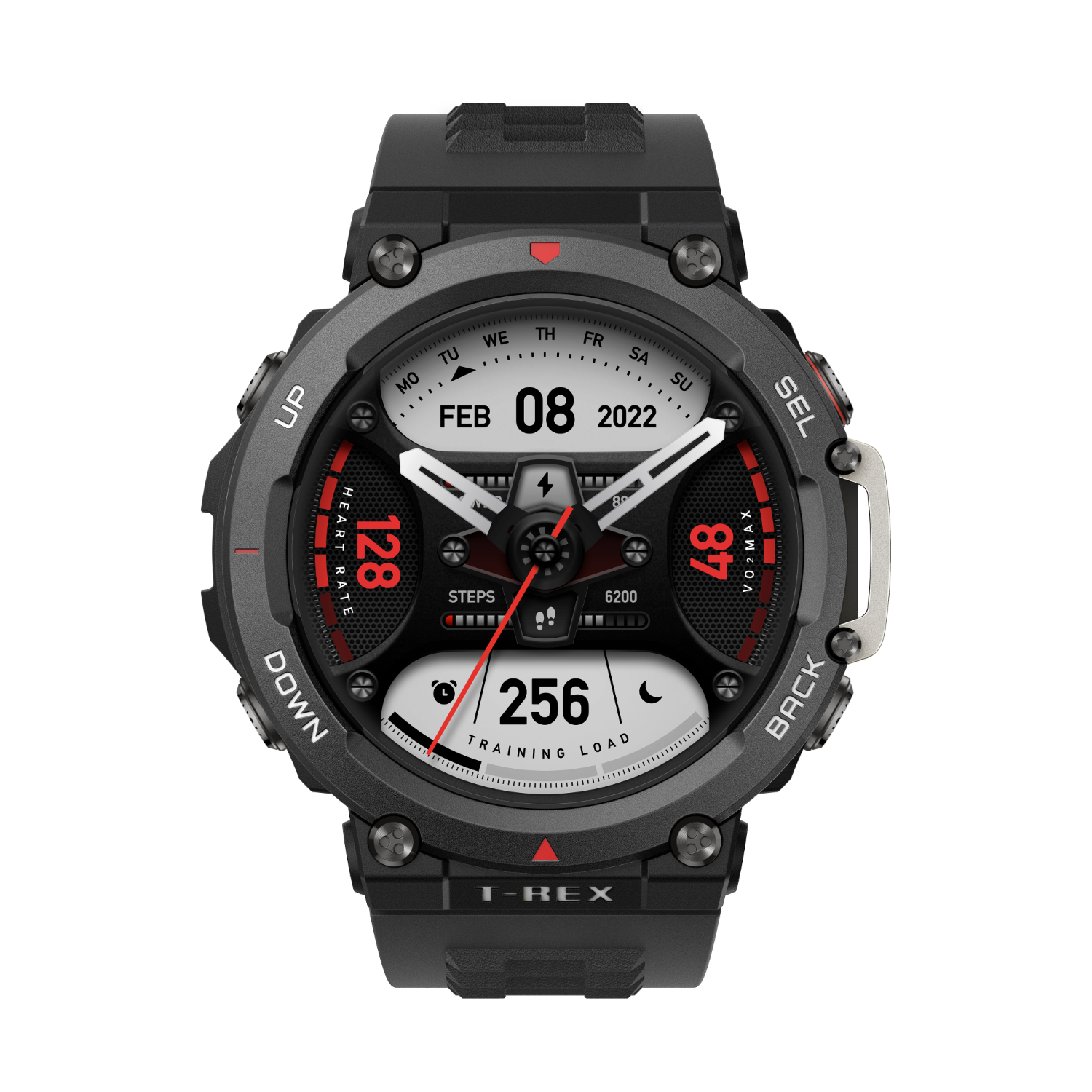Schwarze Smartwatch mit rundem Zifferblatt, zeigt Schritte, Herzfrequenz und Zeit. Schwarz und rot.