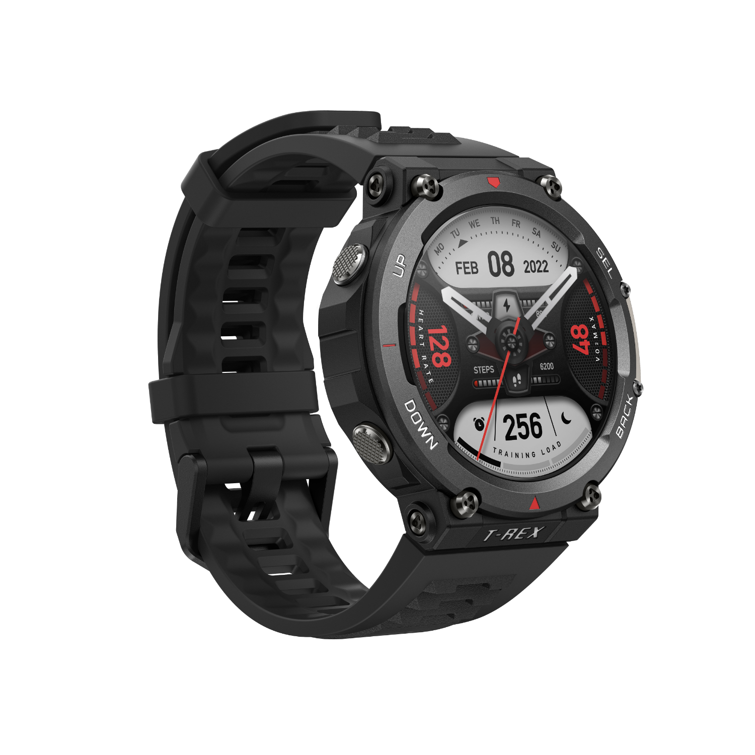 Eine schwarze Smartwatch mit digitaler Anzeige. Funktionen zeigen Datum, Herzfrequenz und Schritte.