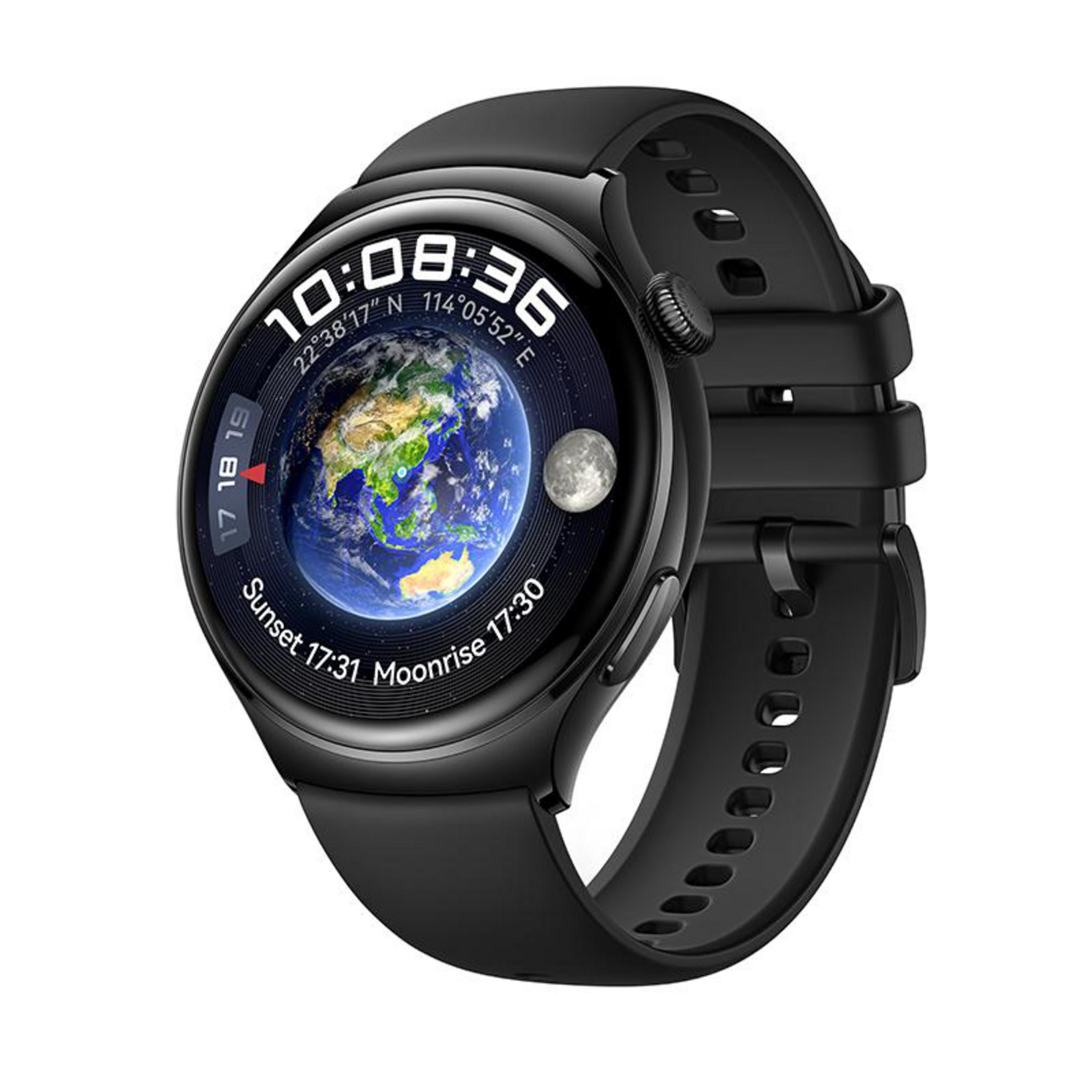 Schwarze Smartwatch mit rundem Zifferblatt, das Zeit, ein Erdbild und Mond zeigt. Schwarzes Armband.