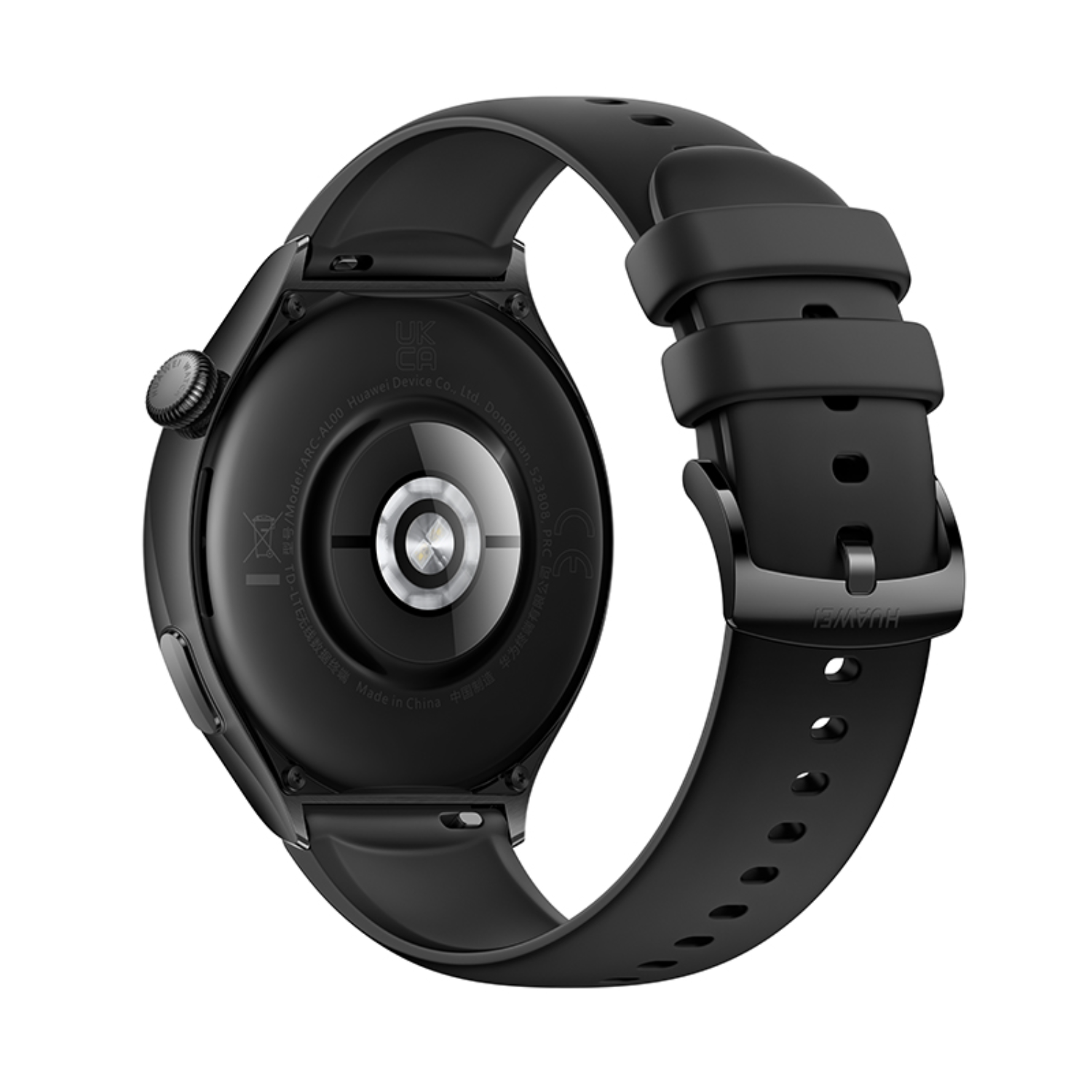 Rückansicht einer schwarzen Smartwatch mit Armband, Sensoren und Branding.