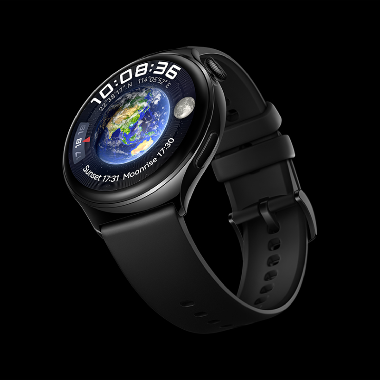 Schwarze Smartwatch mit Digitalanzeige, die Erde und Mond zeigt, mit schwarzem Armband.