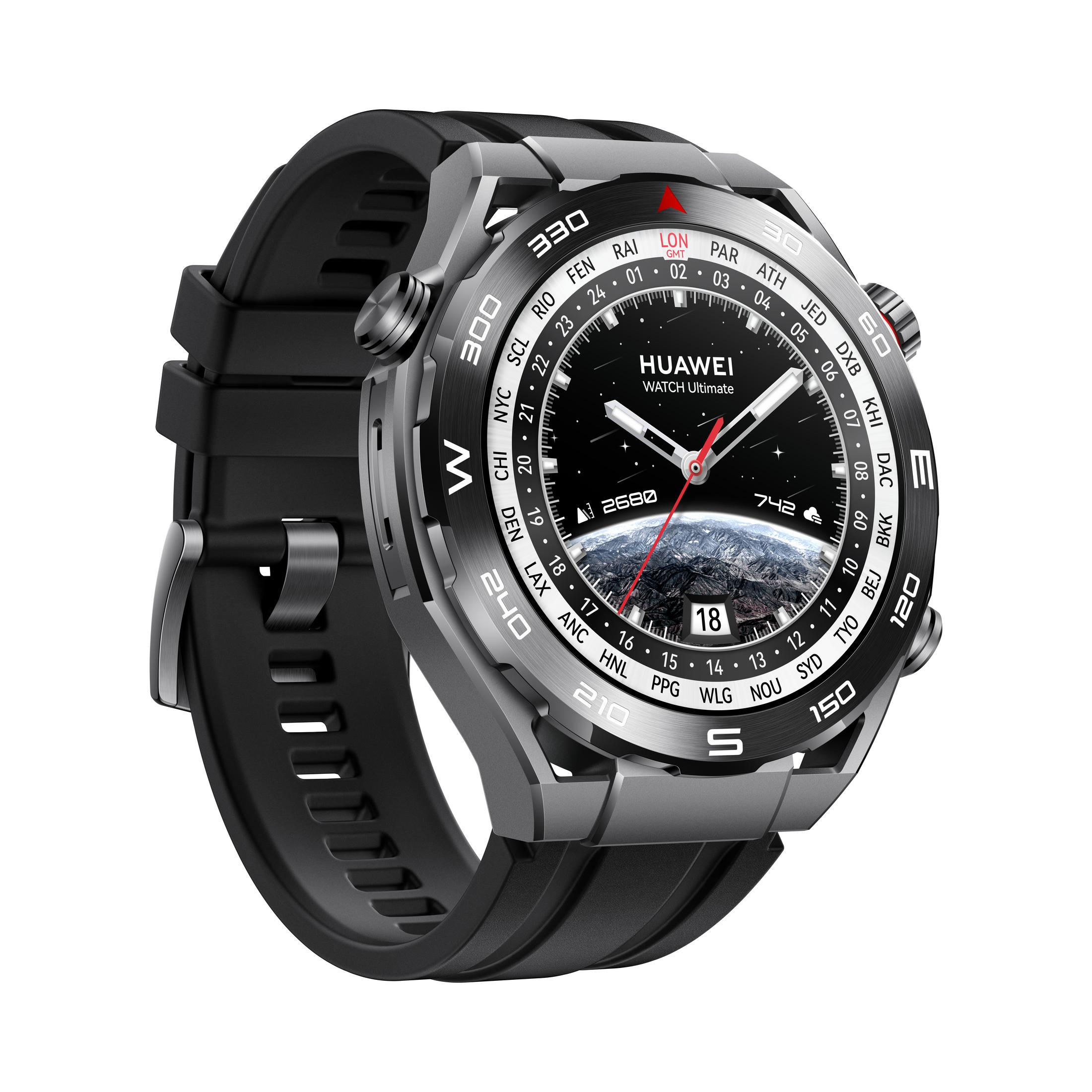 Eine schwarze Smartwatch mit rundem Zifferblatt, die Zeit und Weltkartendetails anzeigt.