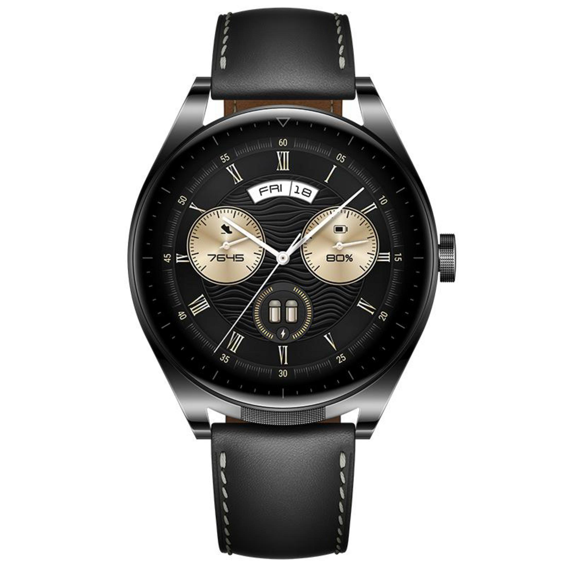 Schwarze Smartwatch. Lederarmband. Zwei goldene runde Zifferblätter. Die Uhr zeigt Zeit, Datum und Akku.