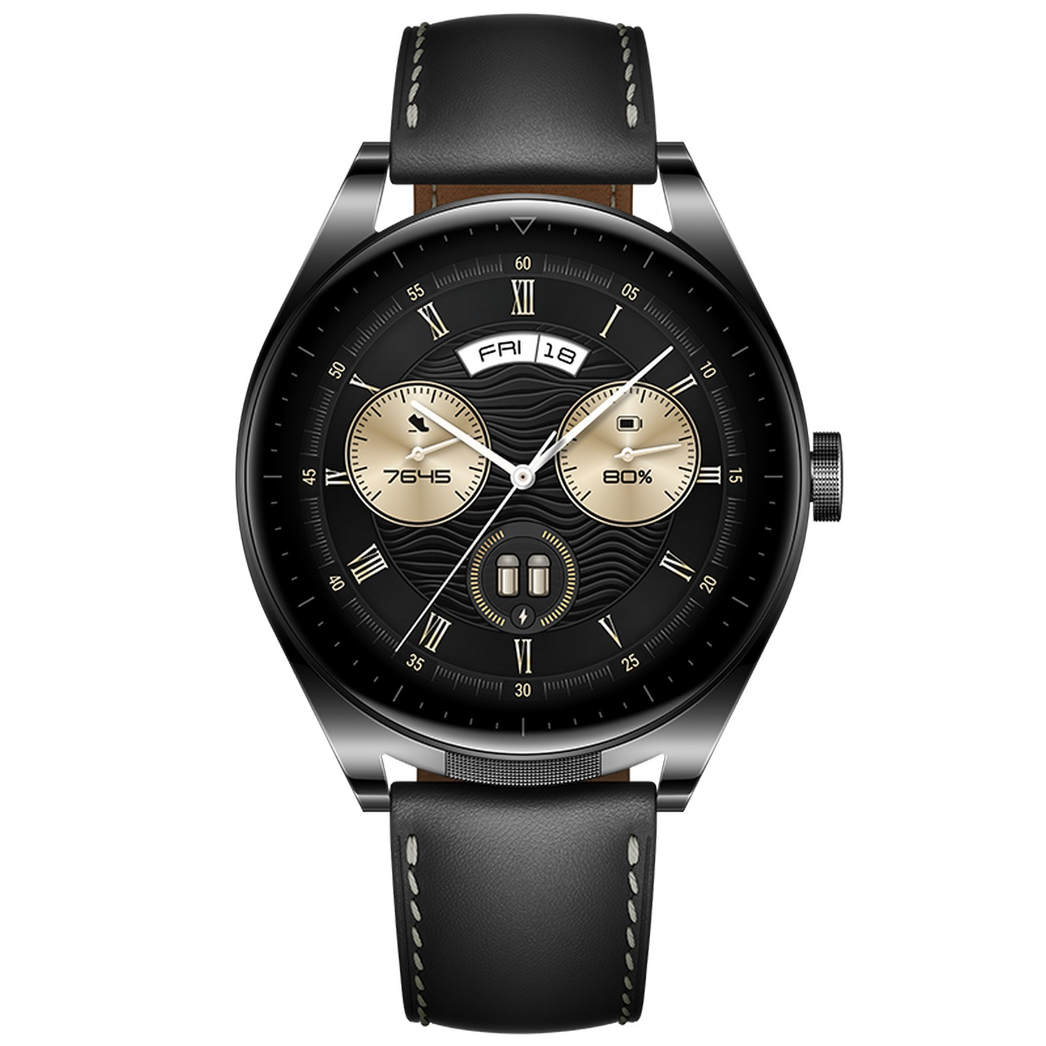 Eine schwarze Smartwatch mit schwarzem Lederarmband. Das Zifferblatt zeigt Uhrzeit, Datum und Akkulaufzeit.