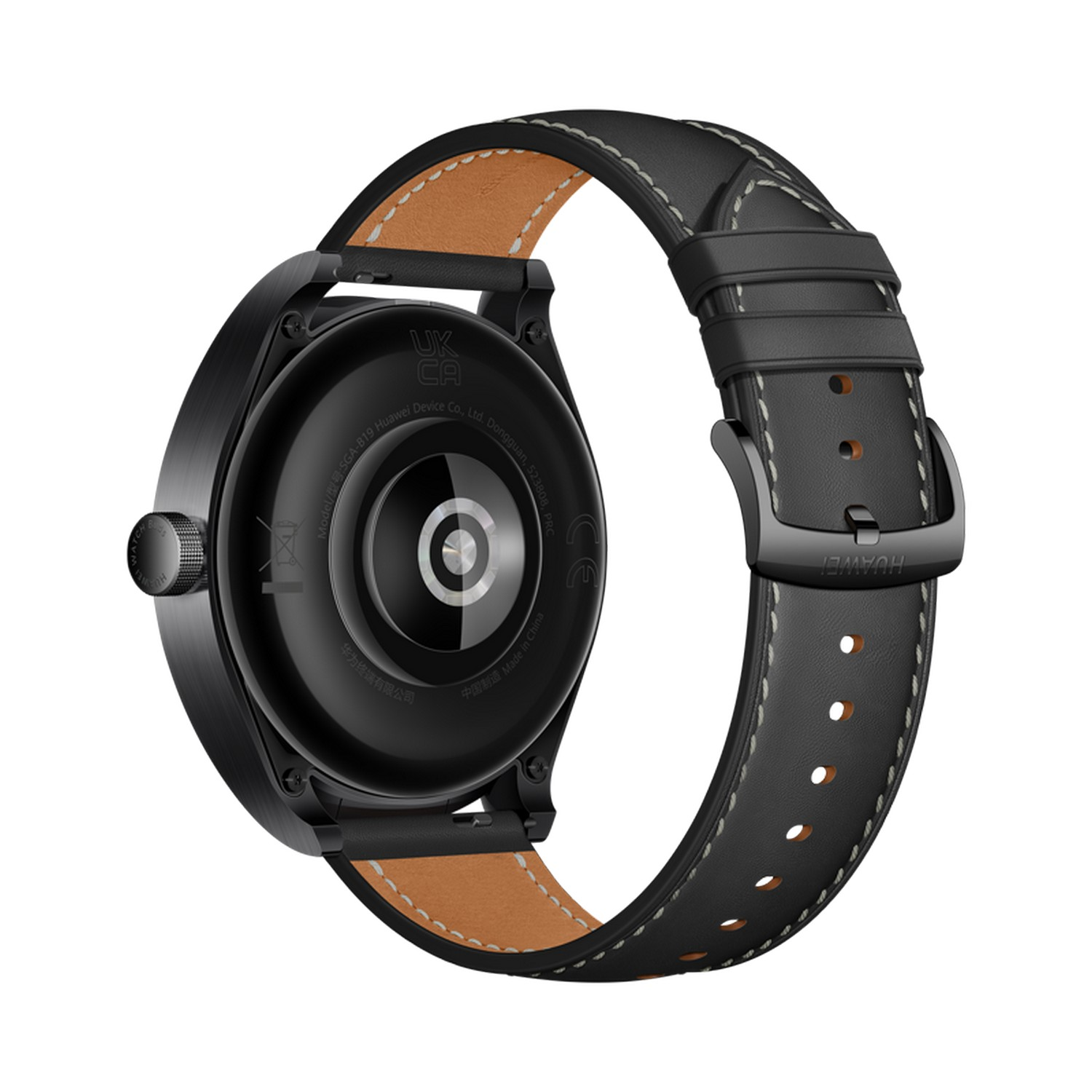 Schwarze Smartwatch mit schwarzem Armband und Lederinnenraum. Die Uhr befindet sich auf weißem Hintergrund.