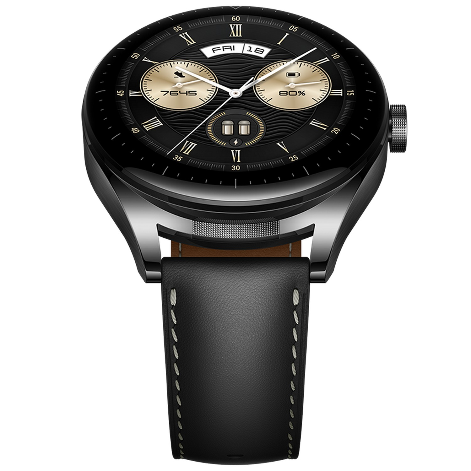 Schwarze Smartwatch mit Lederarmband. Sie zeigt ein digitales Zifferblatt mit Uhrzeit und Akku.