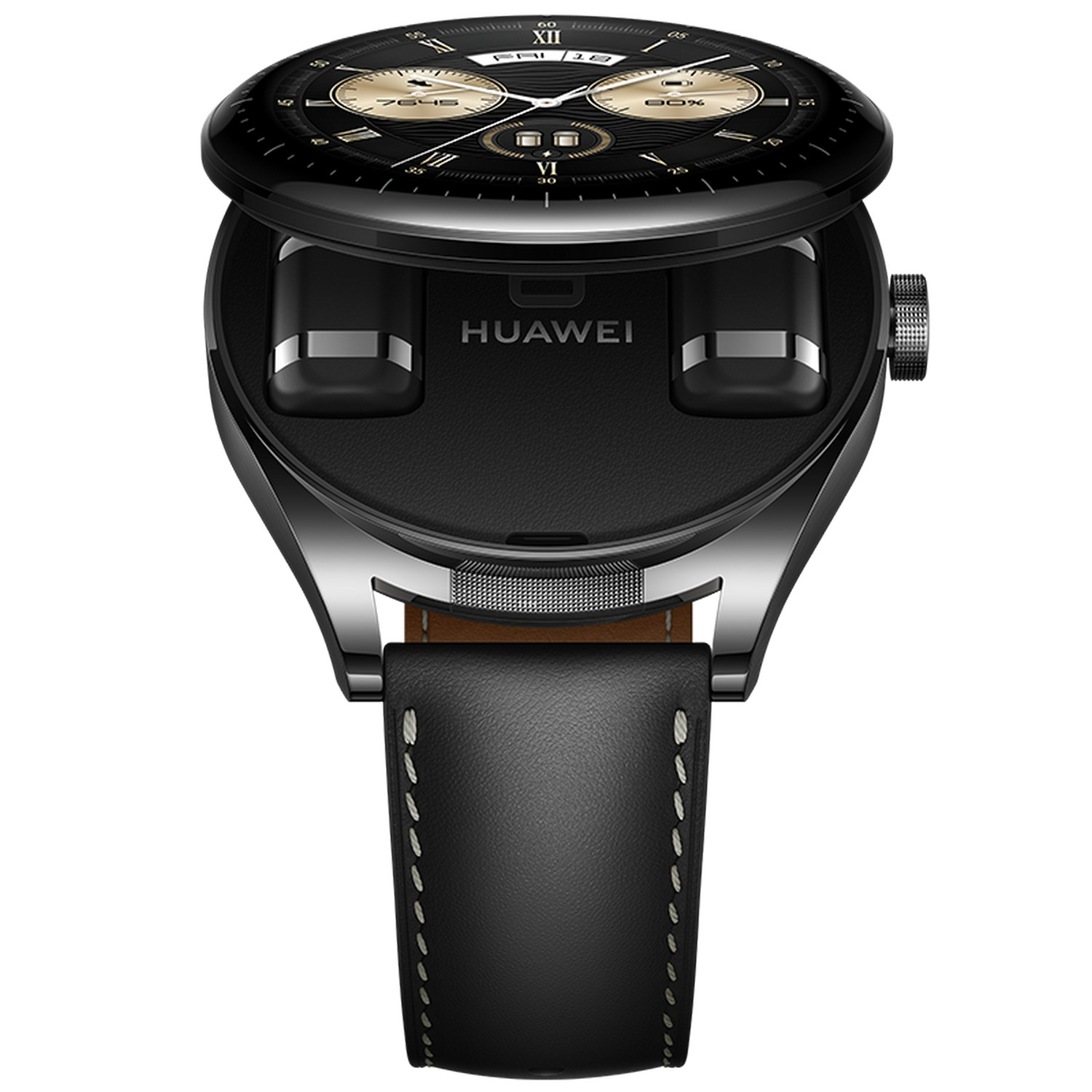 Schwarze Smartwatch mit Ohrhörern. Schwarzes Lederarmband und rundes Zifferblatt.