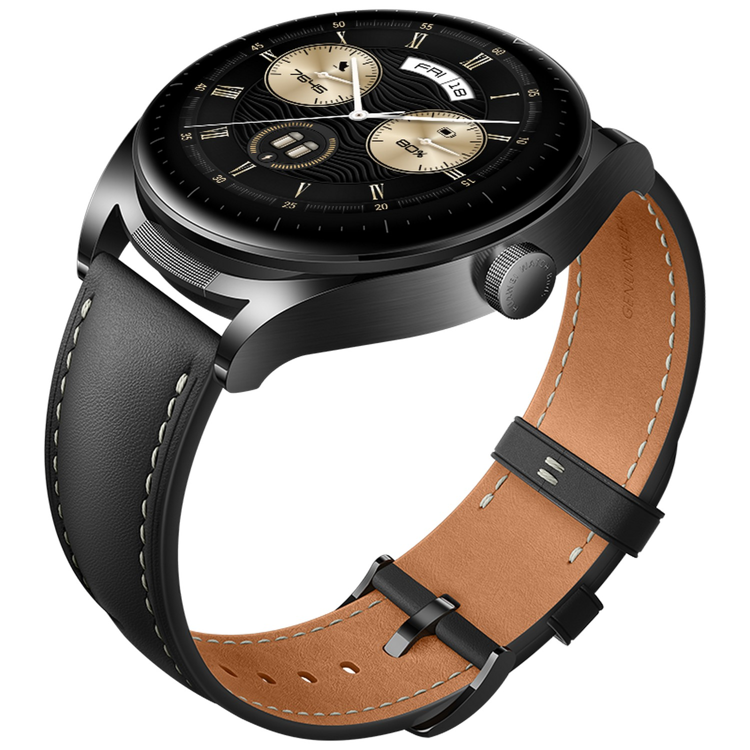 Schwarze Smartwatch mit schwarzem Lederarmband, zeigt Zeit und Datum auf dem Bildschirm.