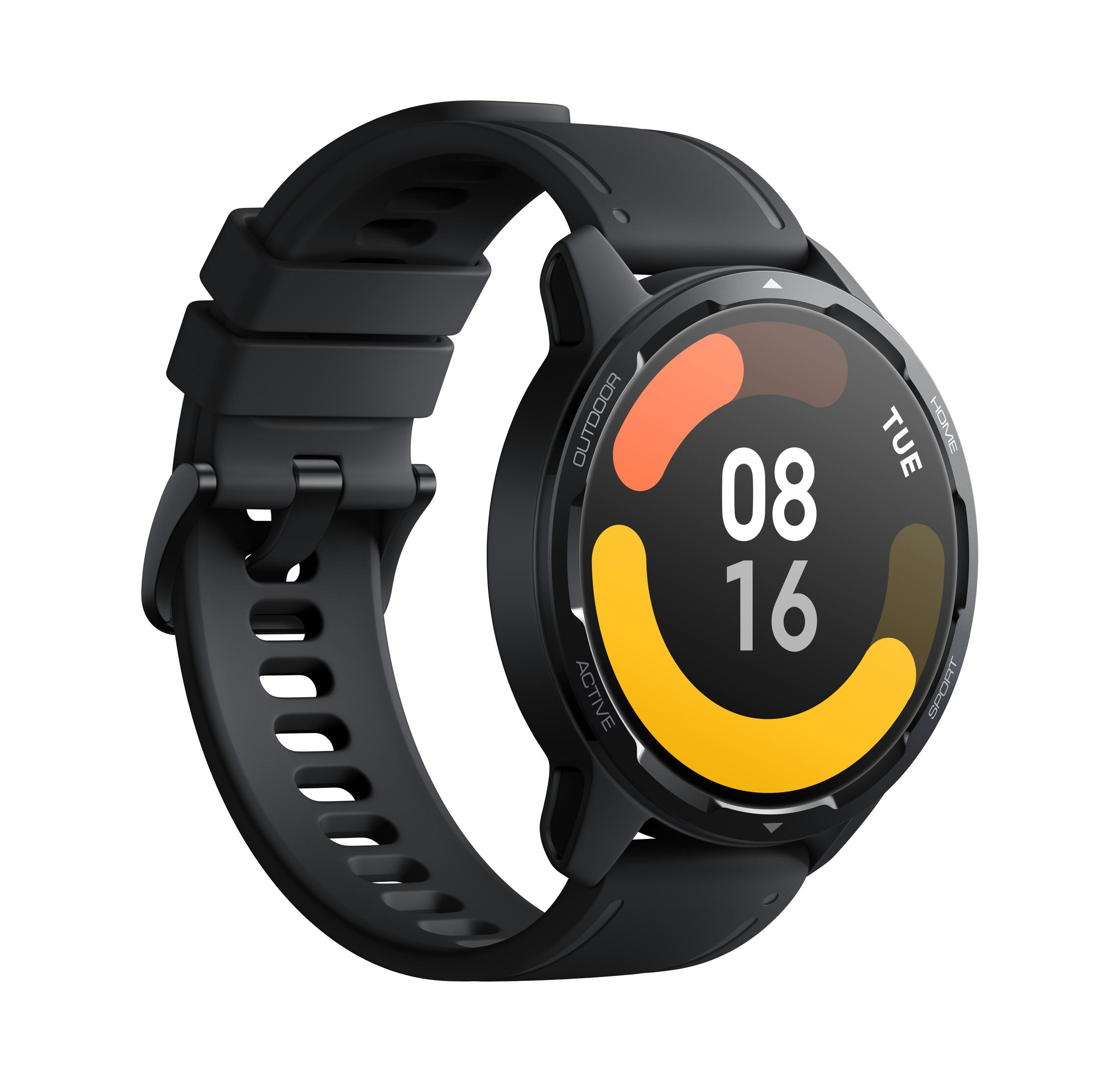 Schwarze Smartwatch mit rundem Bildschirm, der Datum, Uhrzeit und andere Metriken anzeigt.