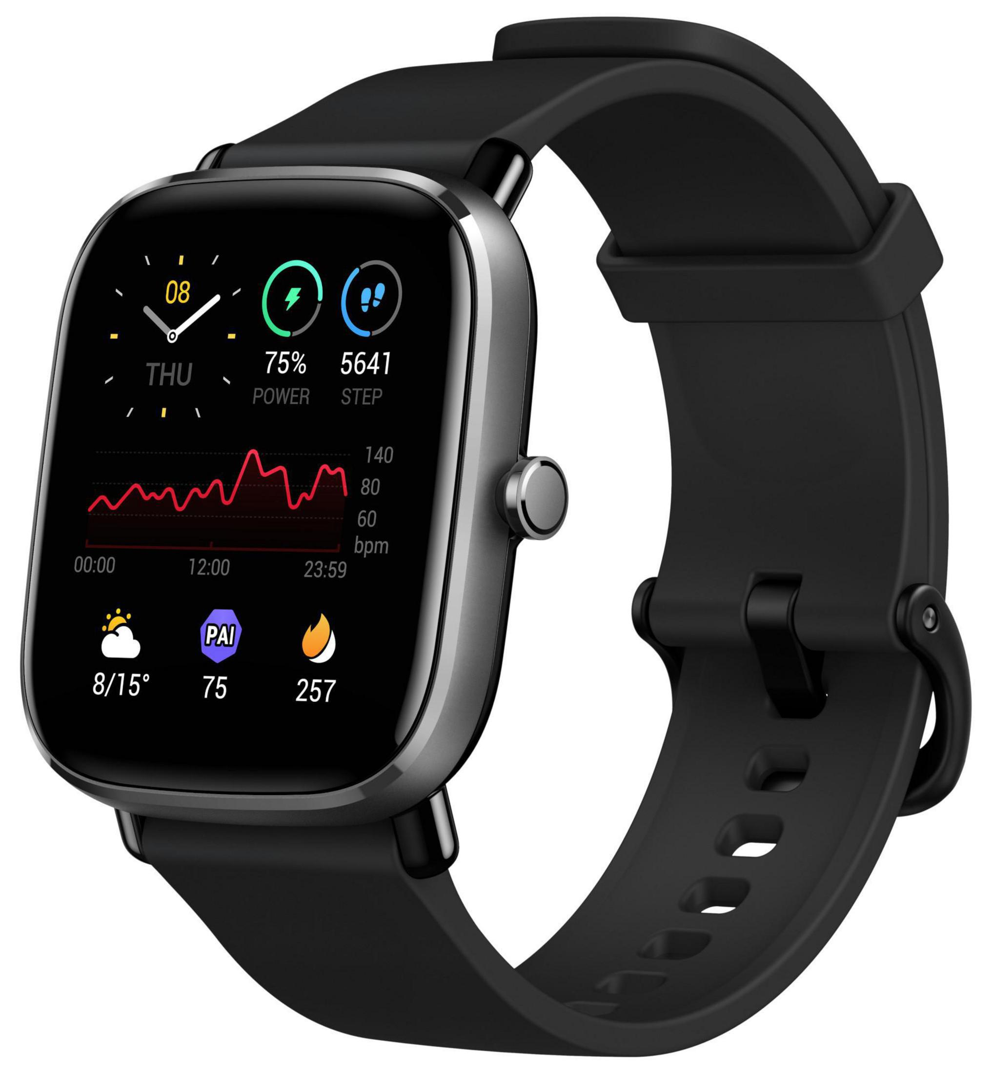 Smartwatch Amazfit nero. Lo schermo mostra ora, statistiche attività e grafico frequenza.