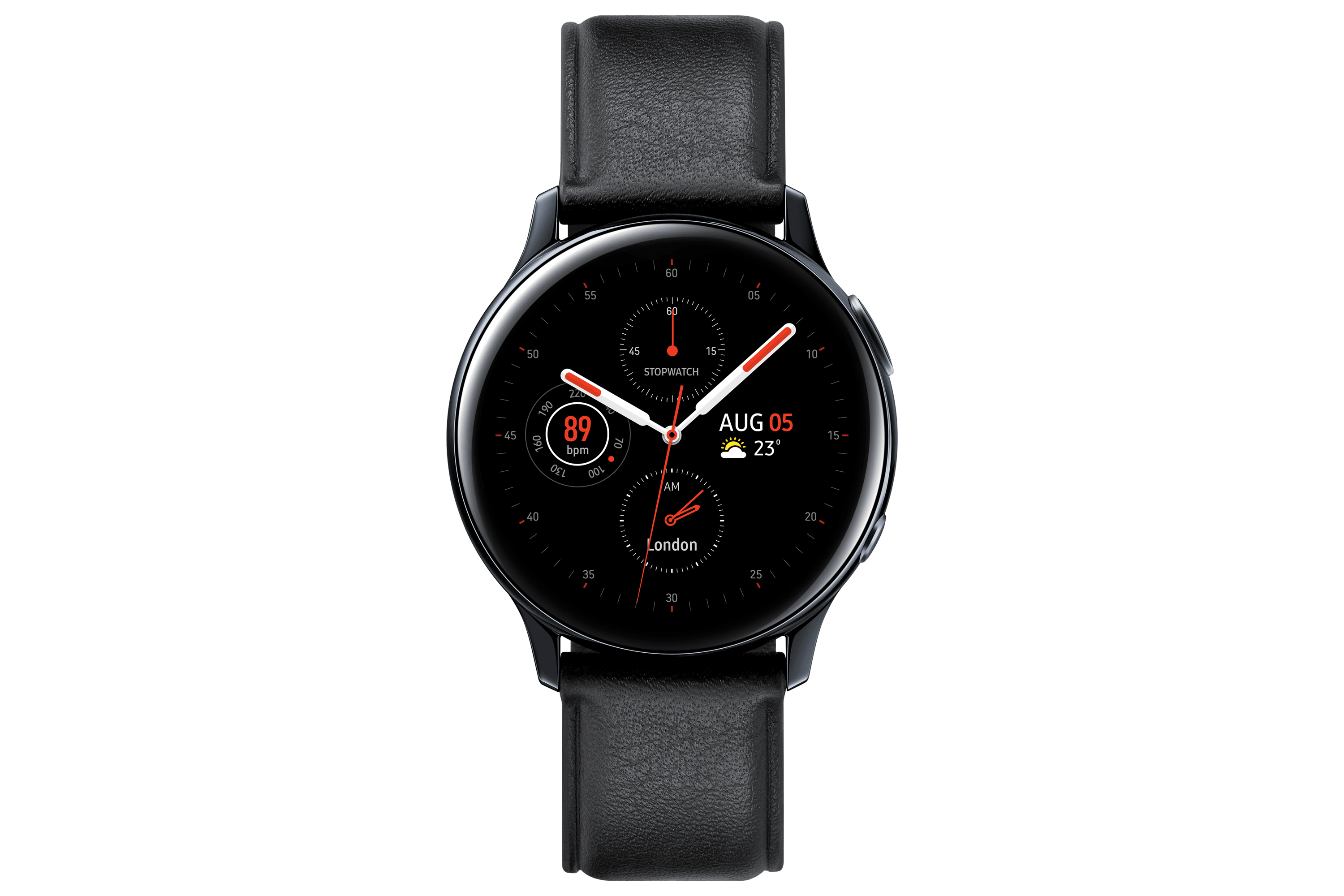 Smartwatch negra con correa de cuero, sobre fondo negro.