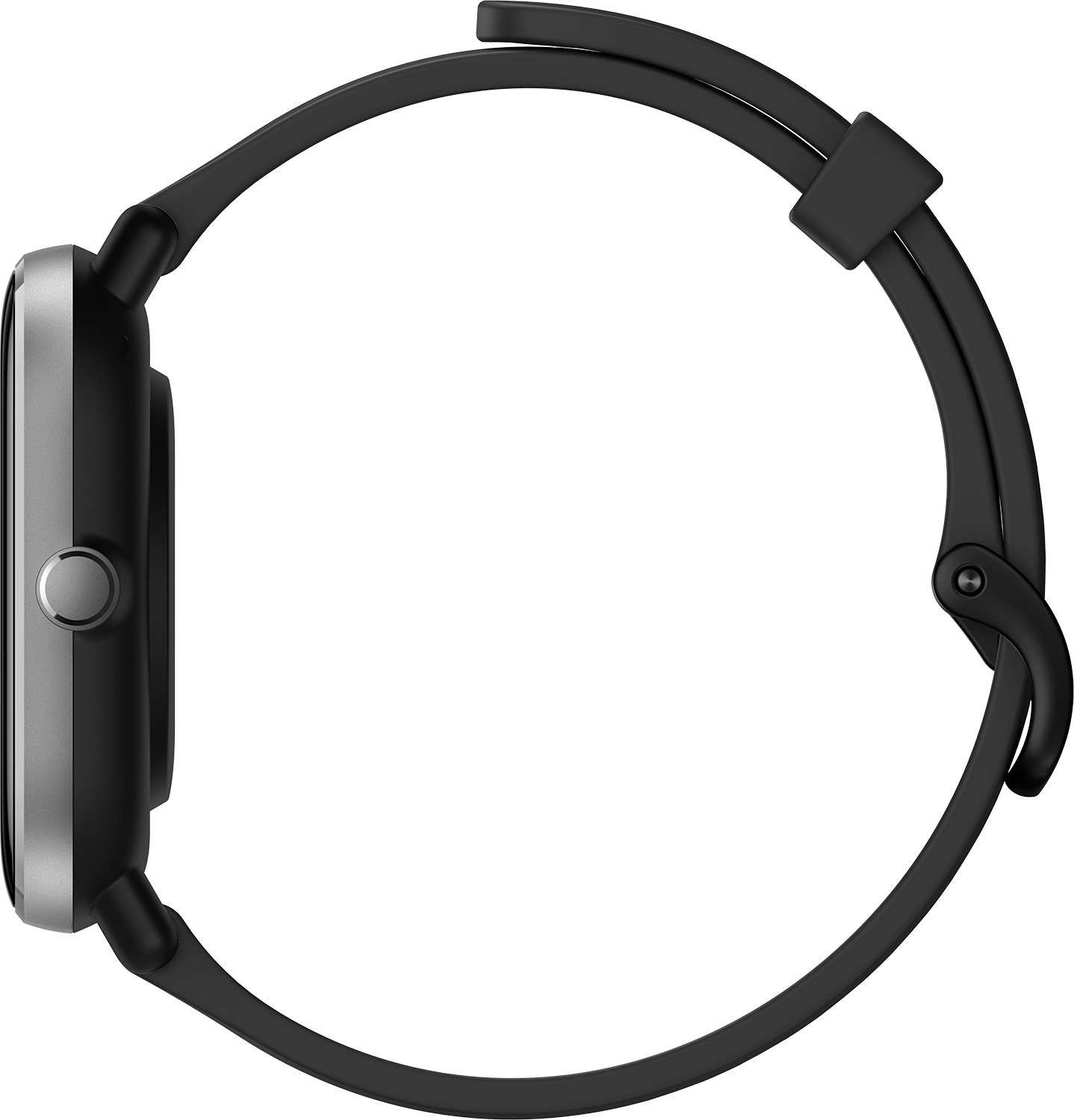 Vista laterale di uno smartwatch nero con schermo rotondo.
