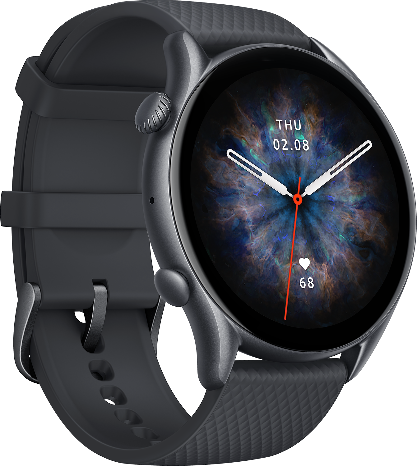 Smartwatch mit dunkelgrauem Gehäuse und Armband. Das Zifferblatt zeigt Zeit und andere Infos.