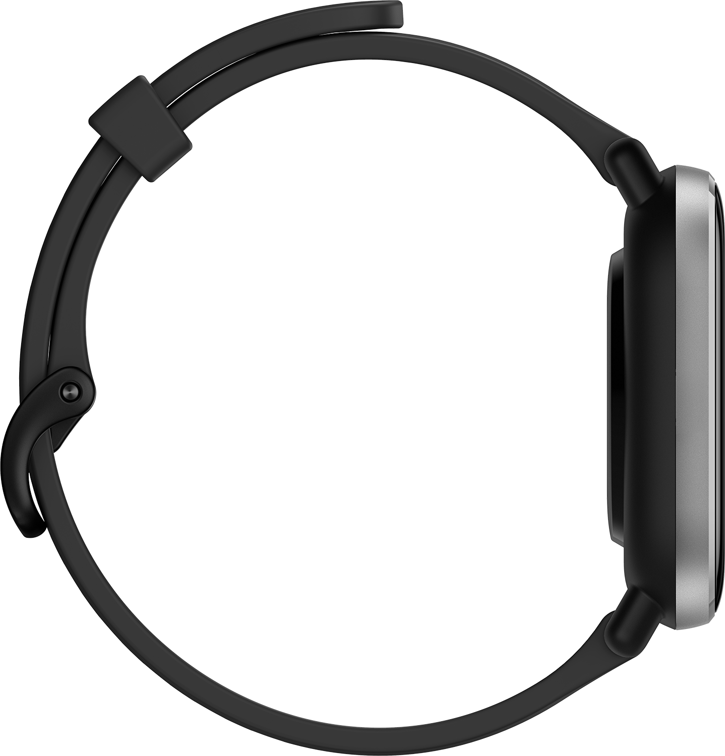 Uno smartwatch nero con cinturino nero. Lo schermo mostra un profilo laterale.