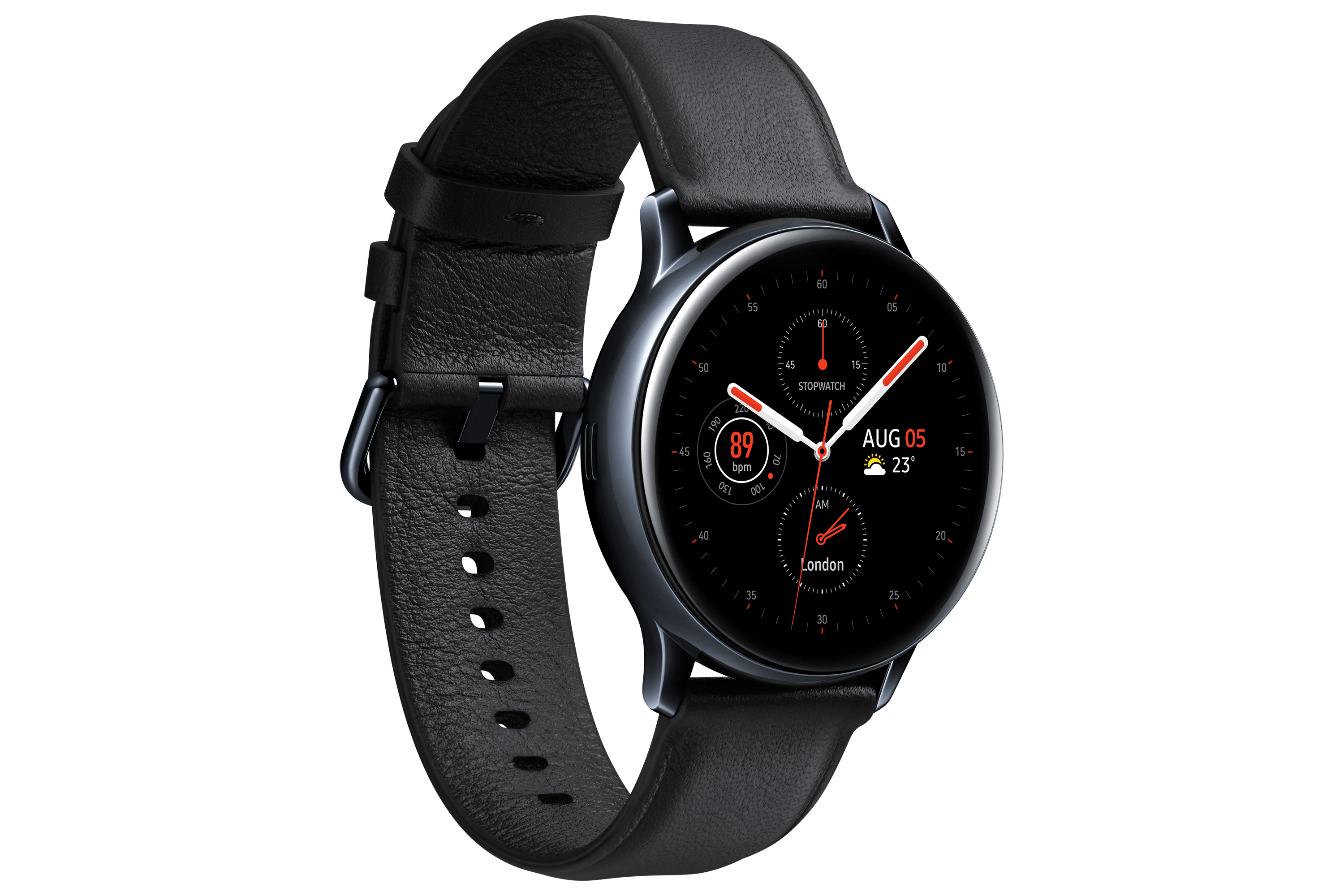 Un reloj inteligente negro con una correa de cuero negro, mostrando una interfaz digital, sobre un fondo negro.