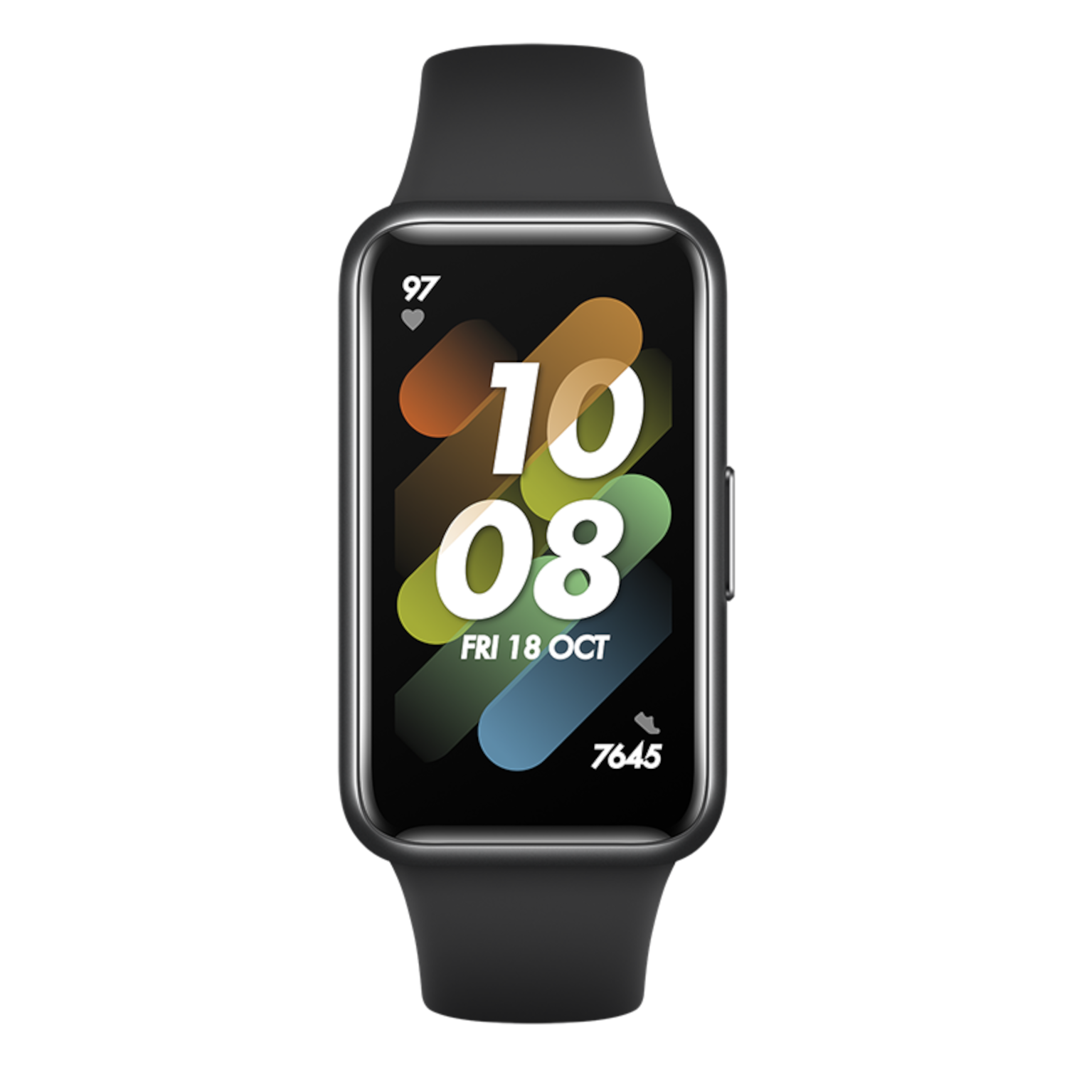 Czarny smartwatch Huawei, wyświetlający czas i dane zdrowotne, czarne tło.