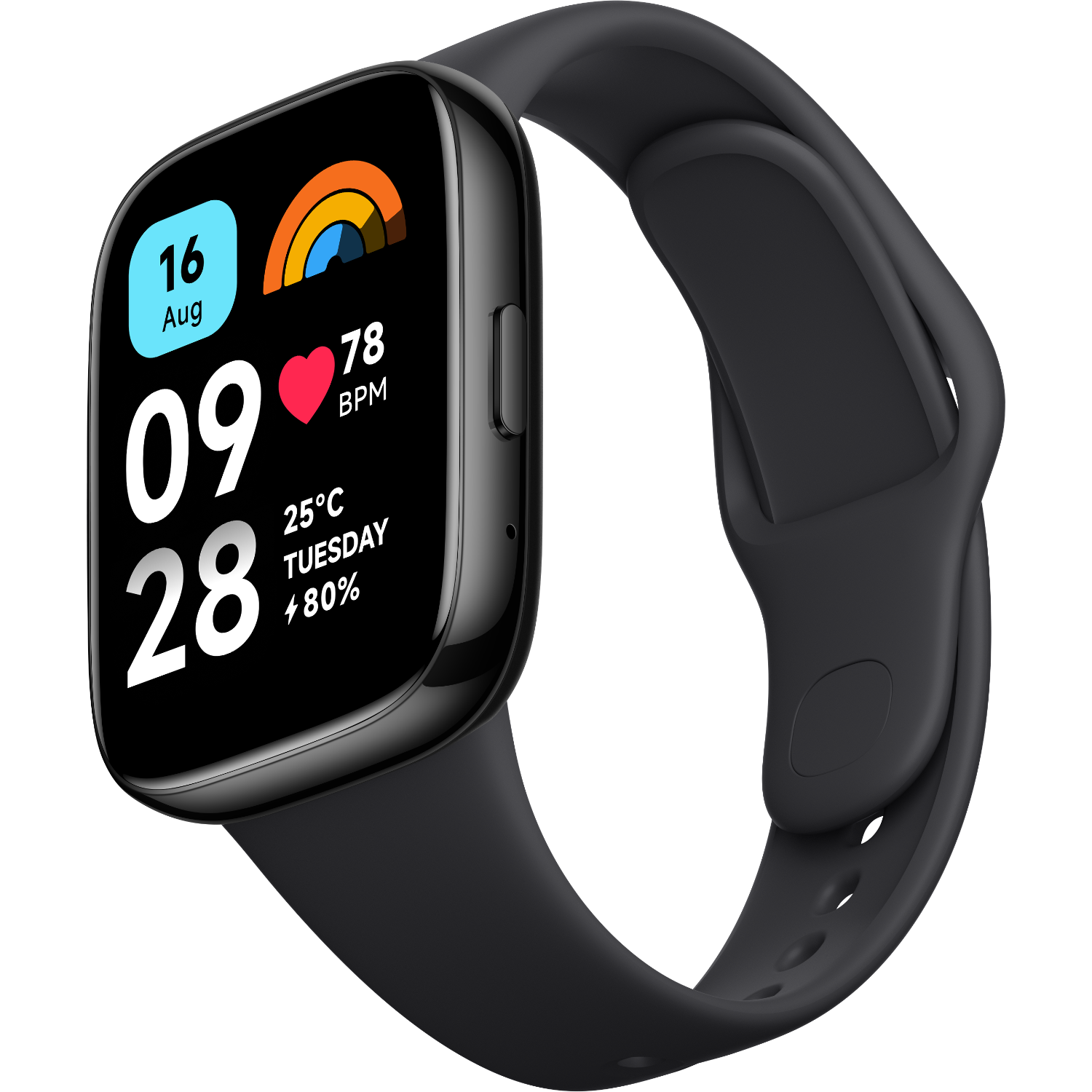 Czarny smartwatch wyświetlający datę, godzinę, tętno i informacje o pogodzie, na czarnym pasku.