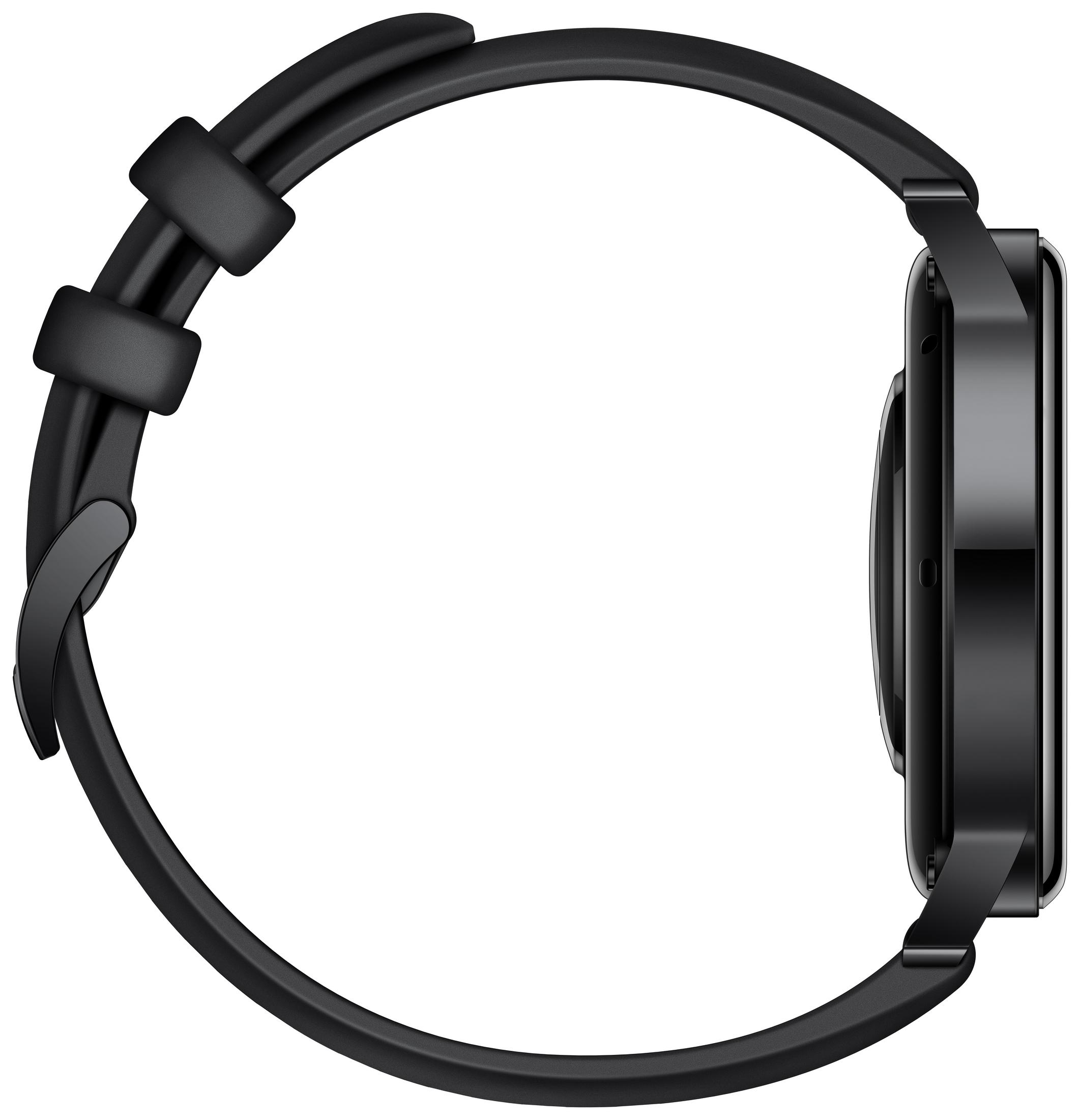Seitenansicht einer schwarzen Smartwatch mit schwarzem Armband auf weißem Hintergrund.